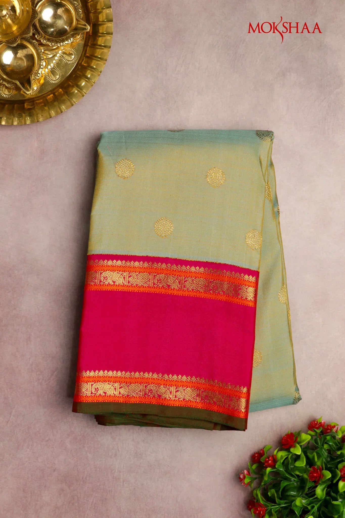 Pista Green Kanchivaram Silk Saree with Butta & Contrast Zari Border | Mokshaa