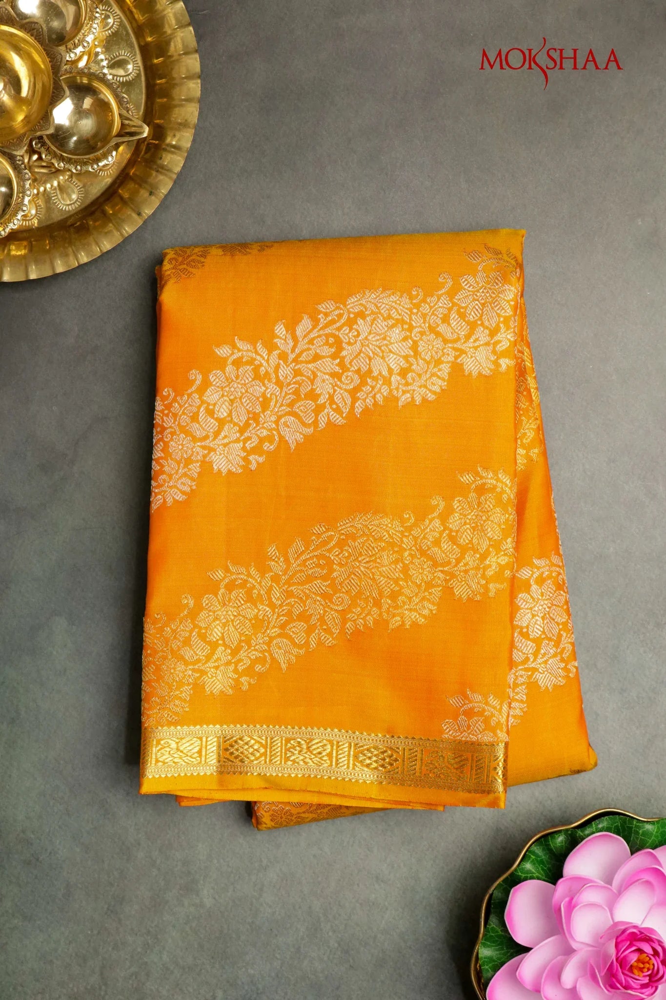 Mango Yellow Kanchivaram Silk Saree with Gold & Silver Stripes | Mokshaa