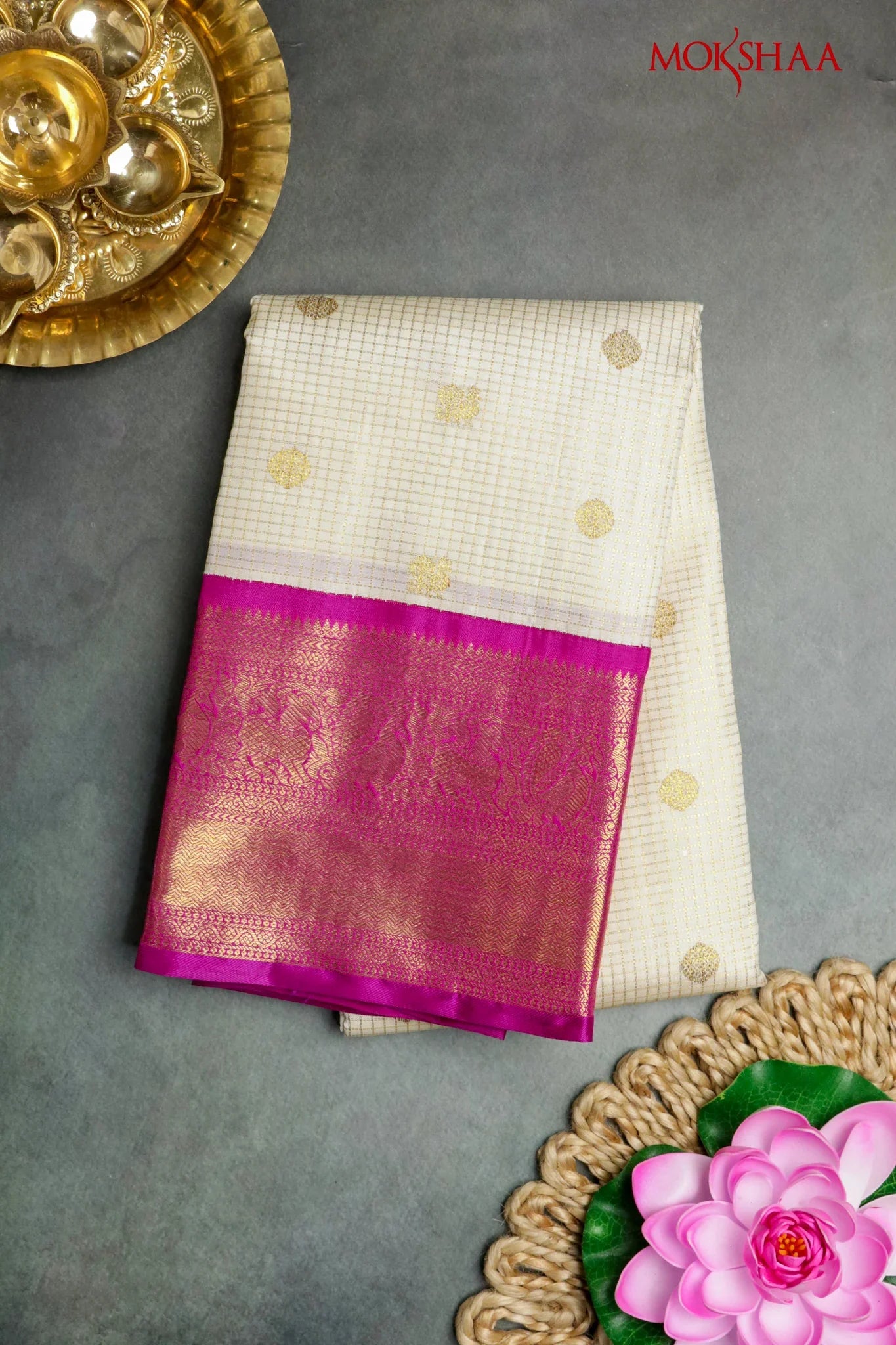 Off White Kanchivaram Silk Saree with Golden Buttis & Contrast Pink Zari Border | Mokshaa