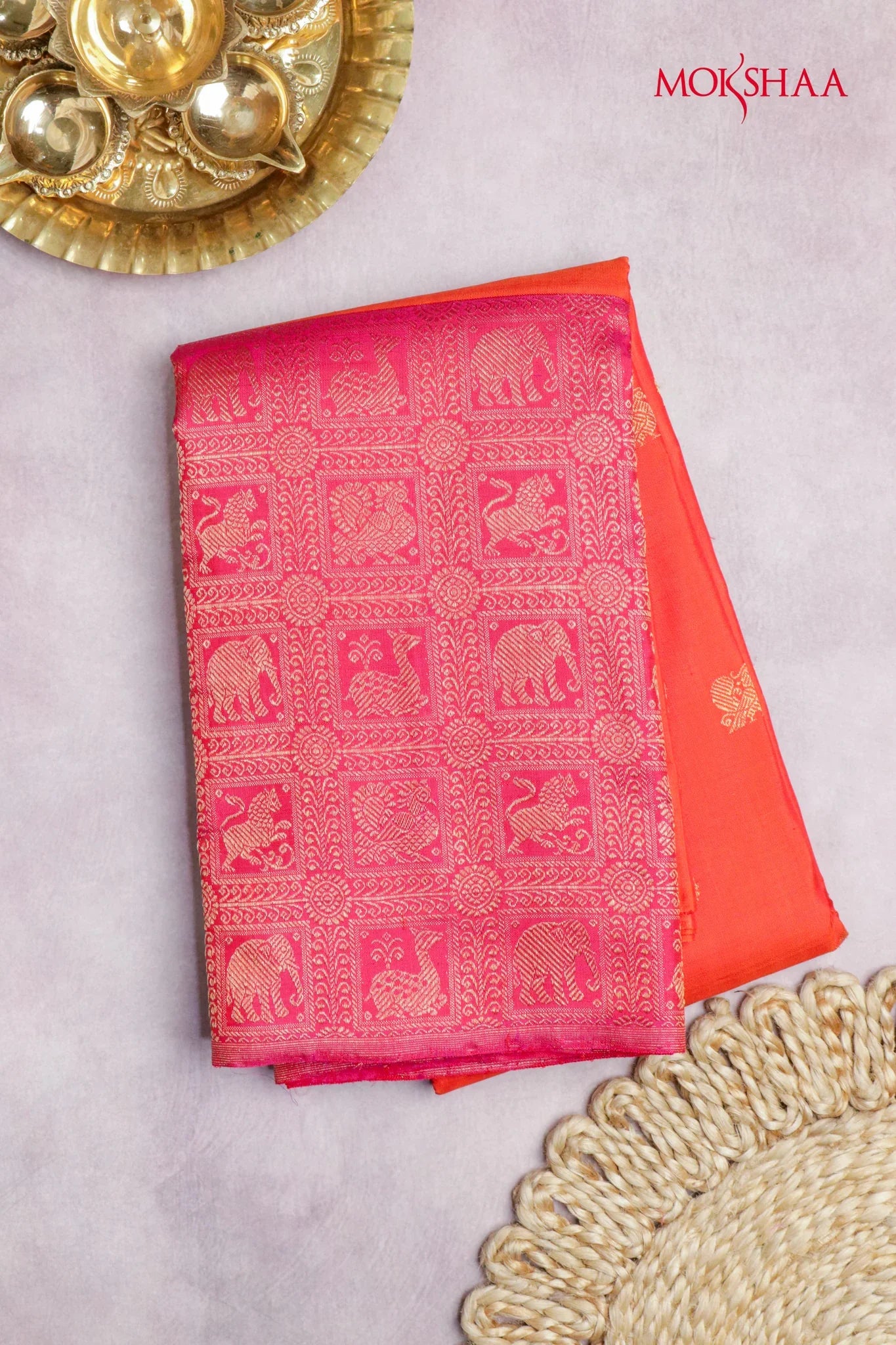 Orange Kanchivaram Silk Saree with Butta & Contrast Vanasingaram Border | Mokshaa