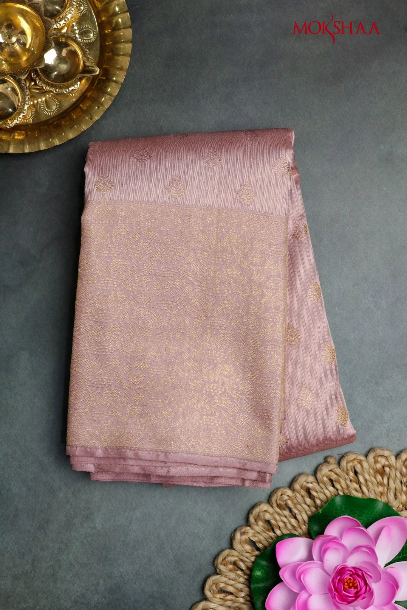 Mauve Pink Kanchivaram Silk Saree with Zari Butti & Fancy Border | Mokshaa