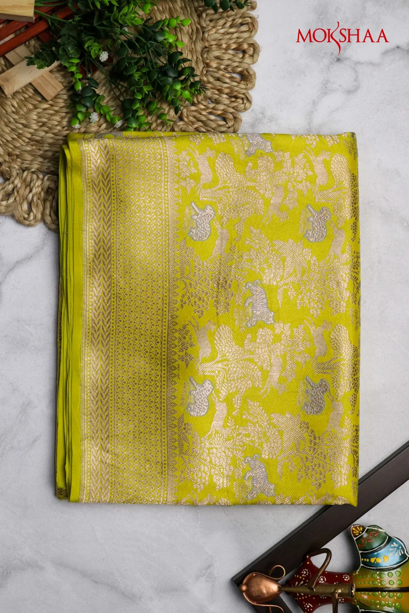 Yellow Banarasi Animal Motif Silk Saree | Mokshaa