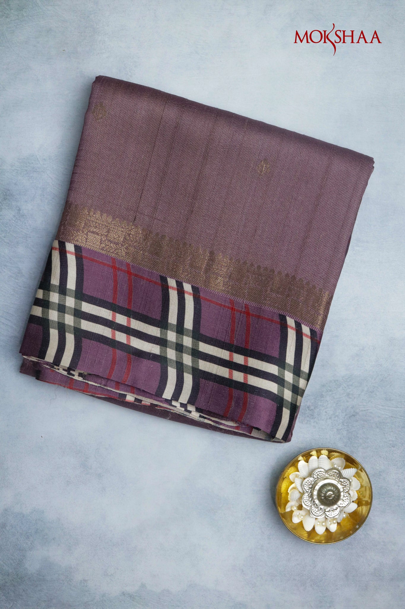 Wine Tussar Silk Saree with Satin Checks Border