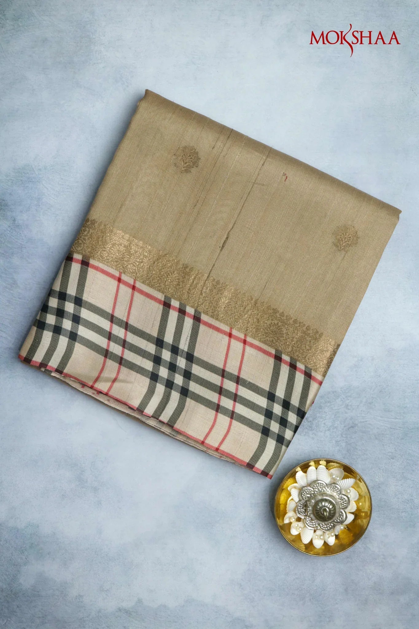 Dusty Gold Tussar Silk Saree with Golden Buttas & Printed Border | Mokshaa