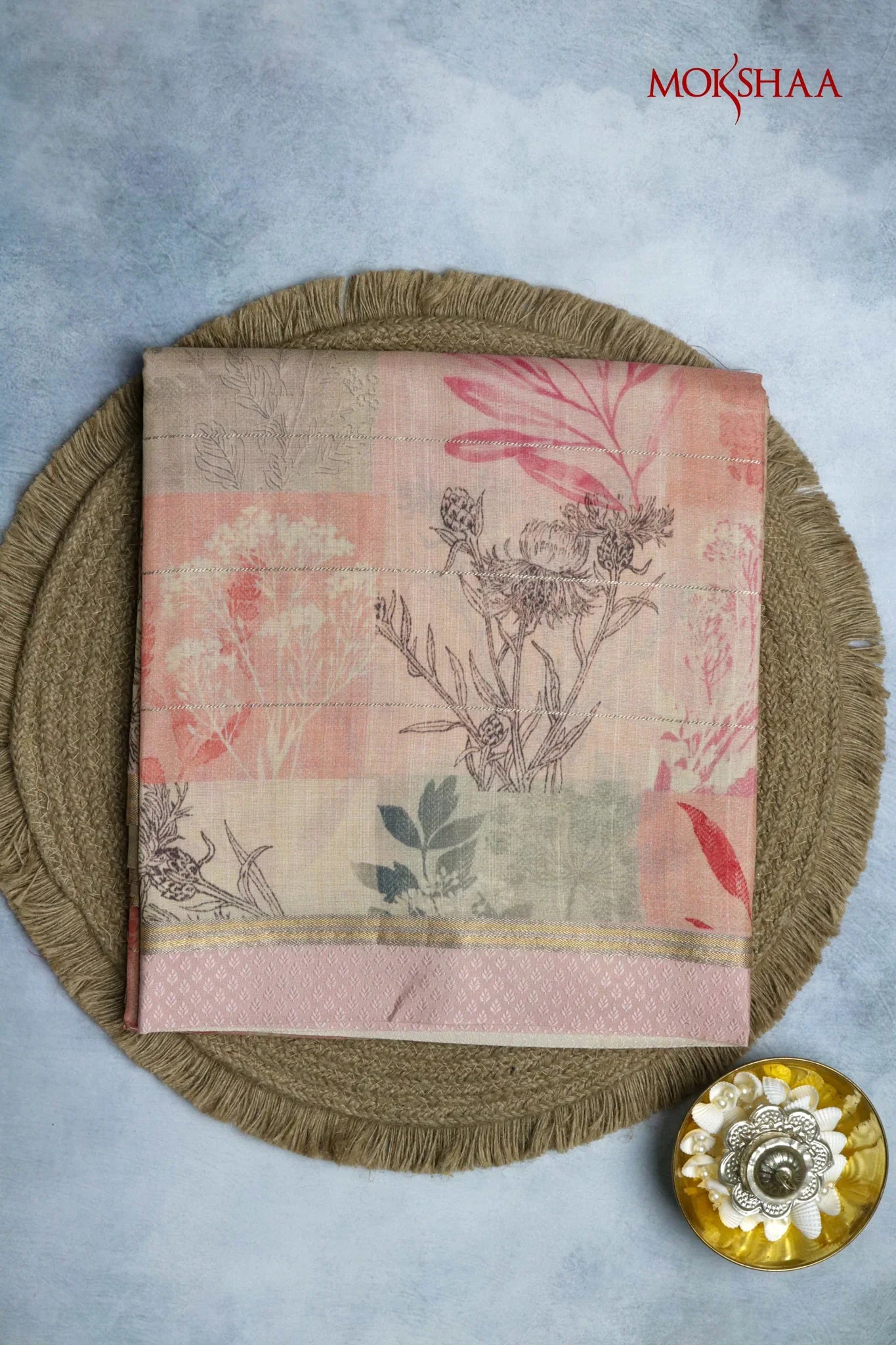 Peach Tussar Silk Saree with Golden Stripes & Printed Motifs | Mokshaa