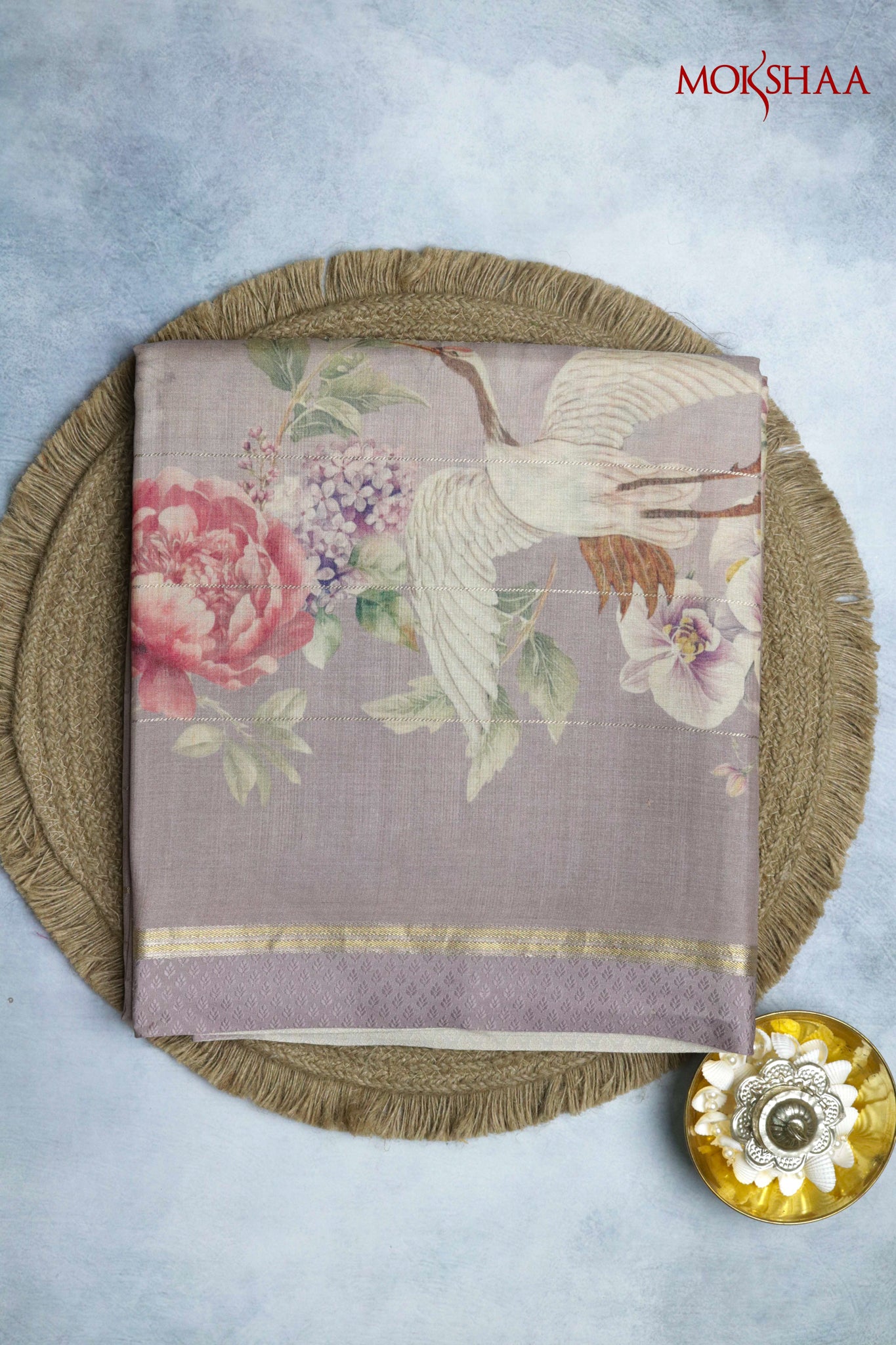 Light Lavender Tussar Silk Saree with Golden Stripes & Printed Body