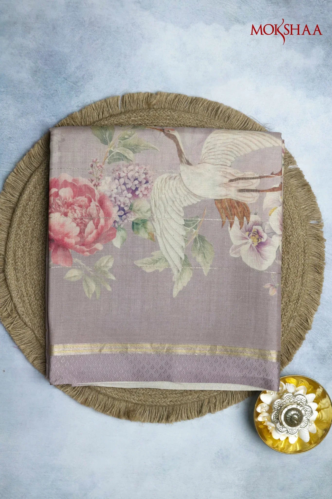 Light Lavender Tussar Silk Saree with Golden Stripes & Printed Body | Mokshaa