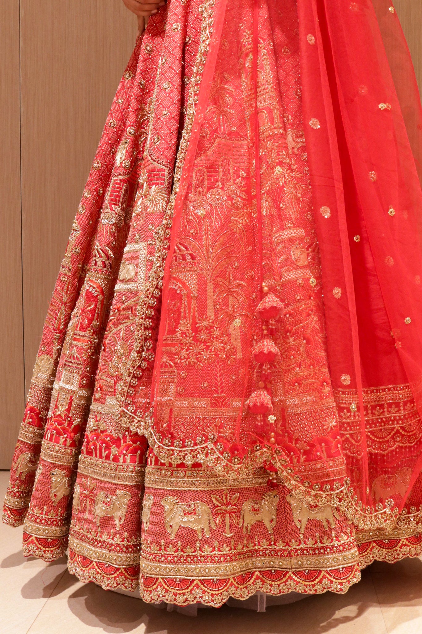 Red Raw Silk Bridal Lehenga with Zardozi and Sequin Embroidery