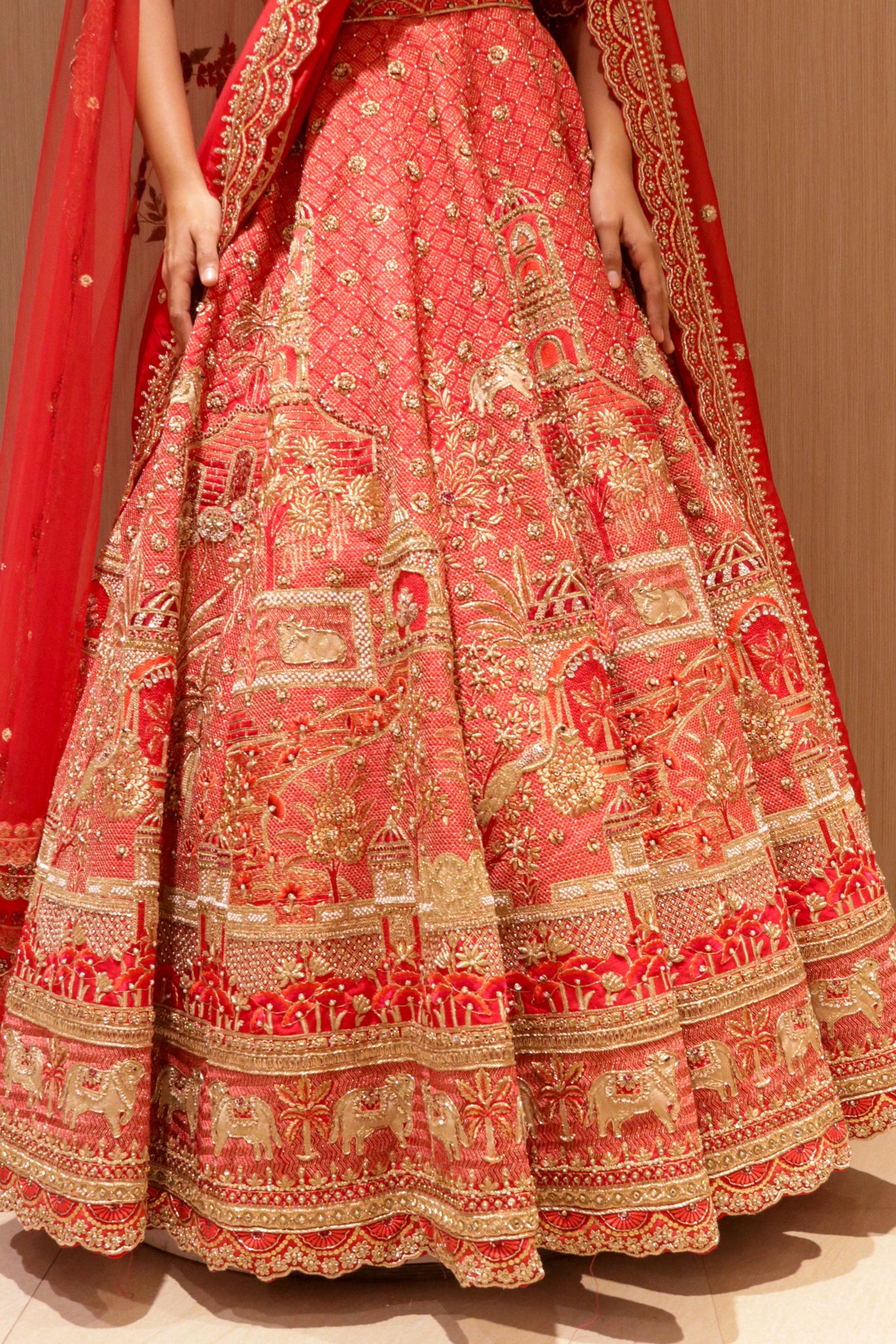 Red Raw Silk Bridal Lehenga with Zardozi and Sequin Embroidery