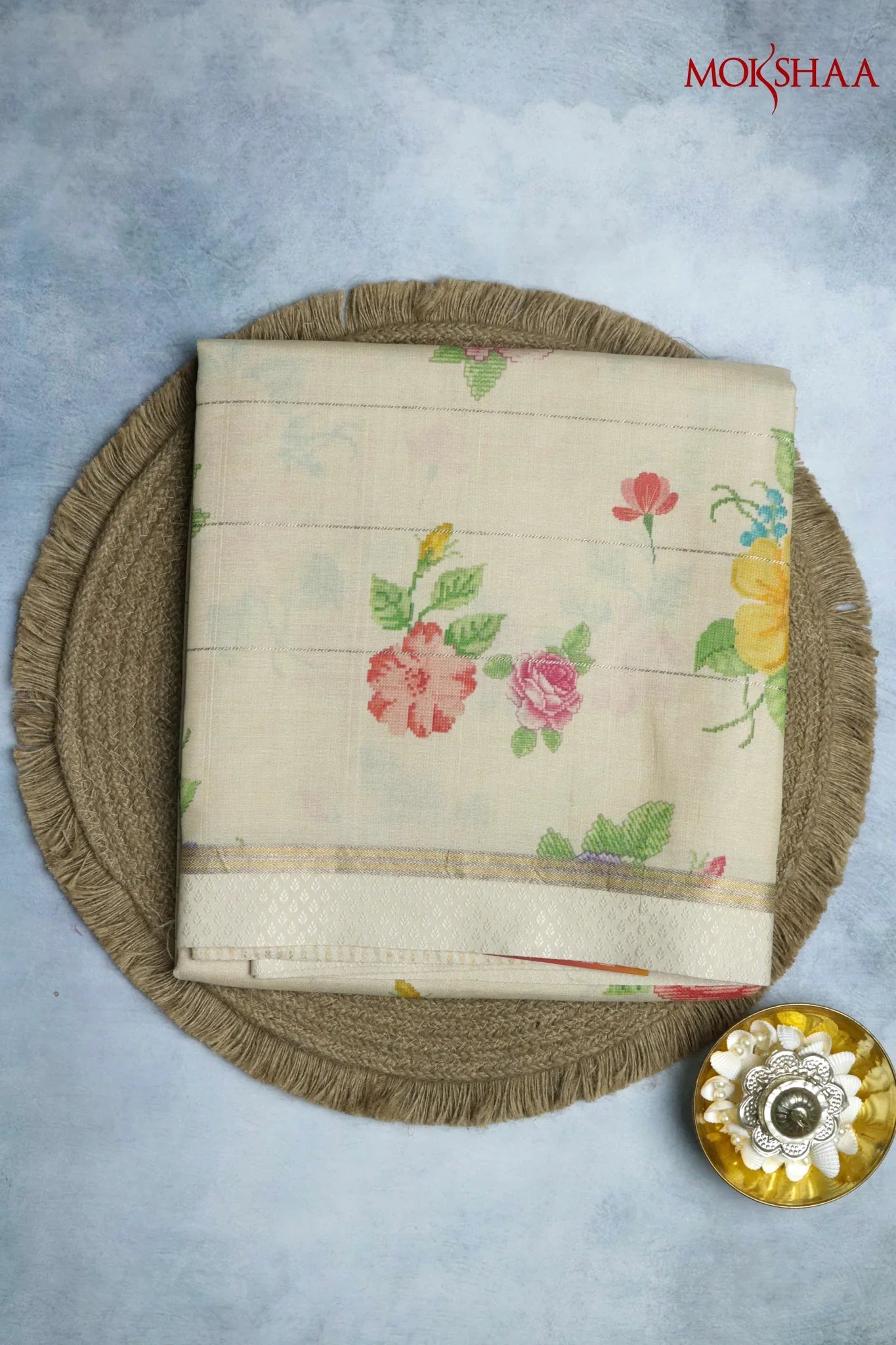 Cream Tussar Silk Saree with Golden Zari Stripes & Floral Print | Mokshaa