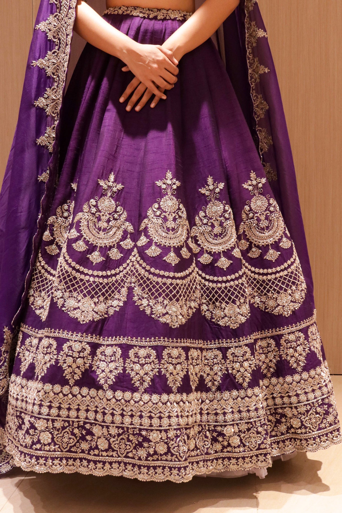 Violet Raw Silk Bridal Lehenga with Zardozi Embroidery