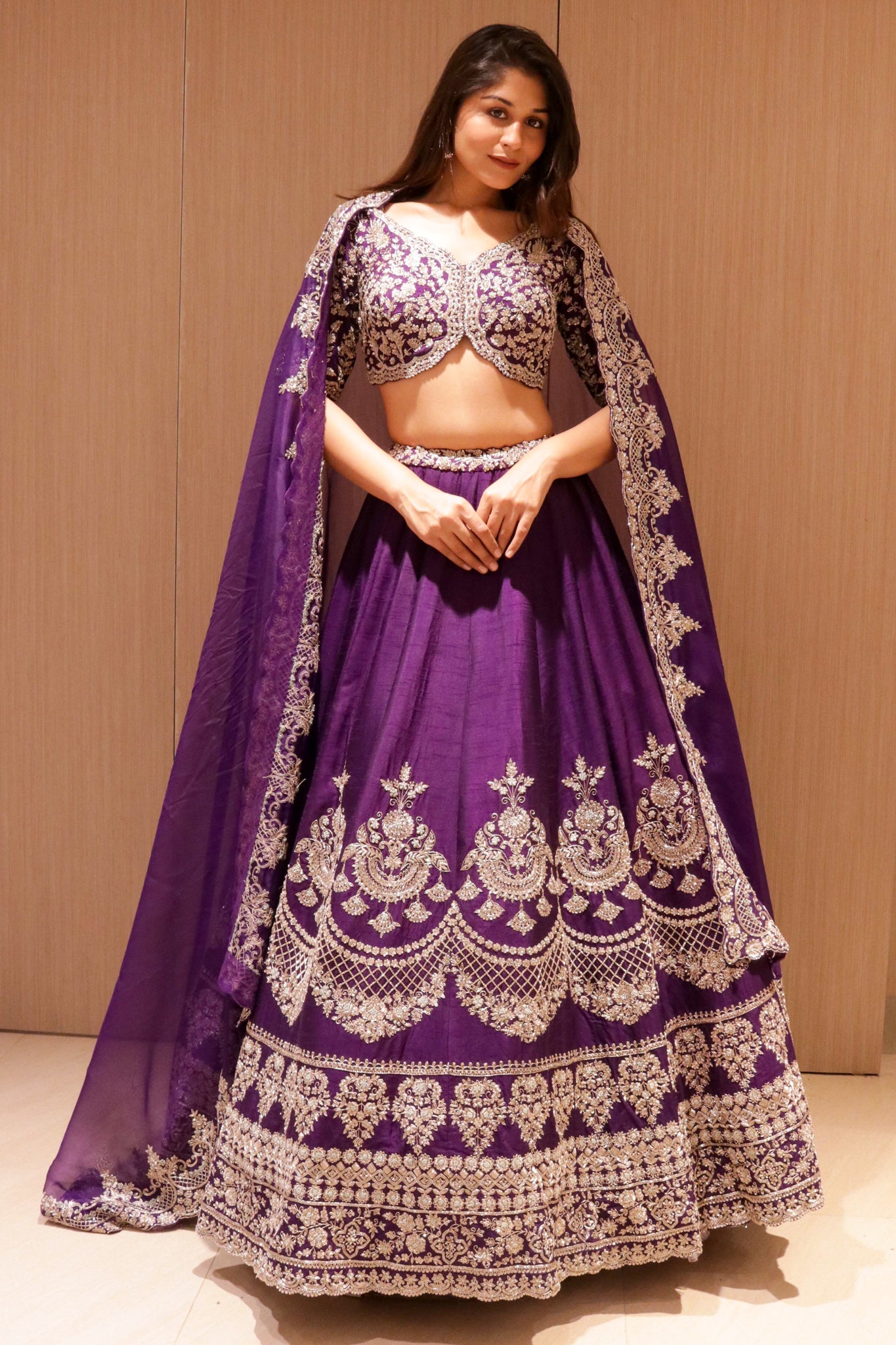 Violet Raw Silk Bridal Lehenga with Zardozi Embroidery