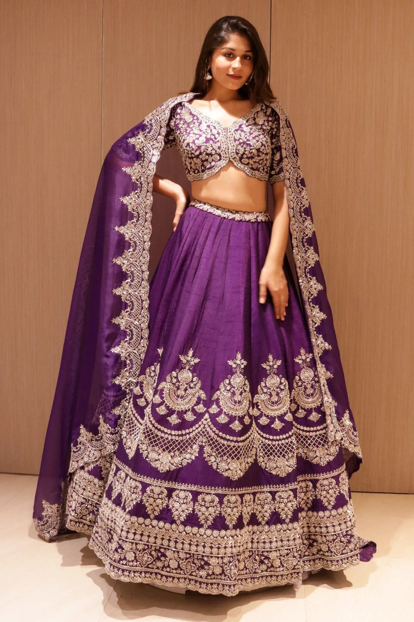Violet Raw Silk Bridal Lehenga with Zardozi Embroidery | Mokshaa