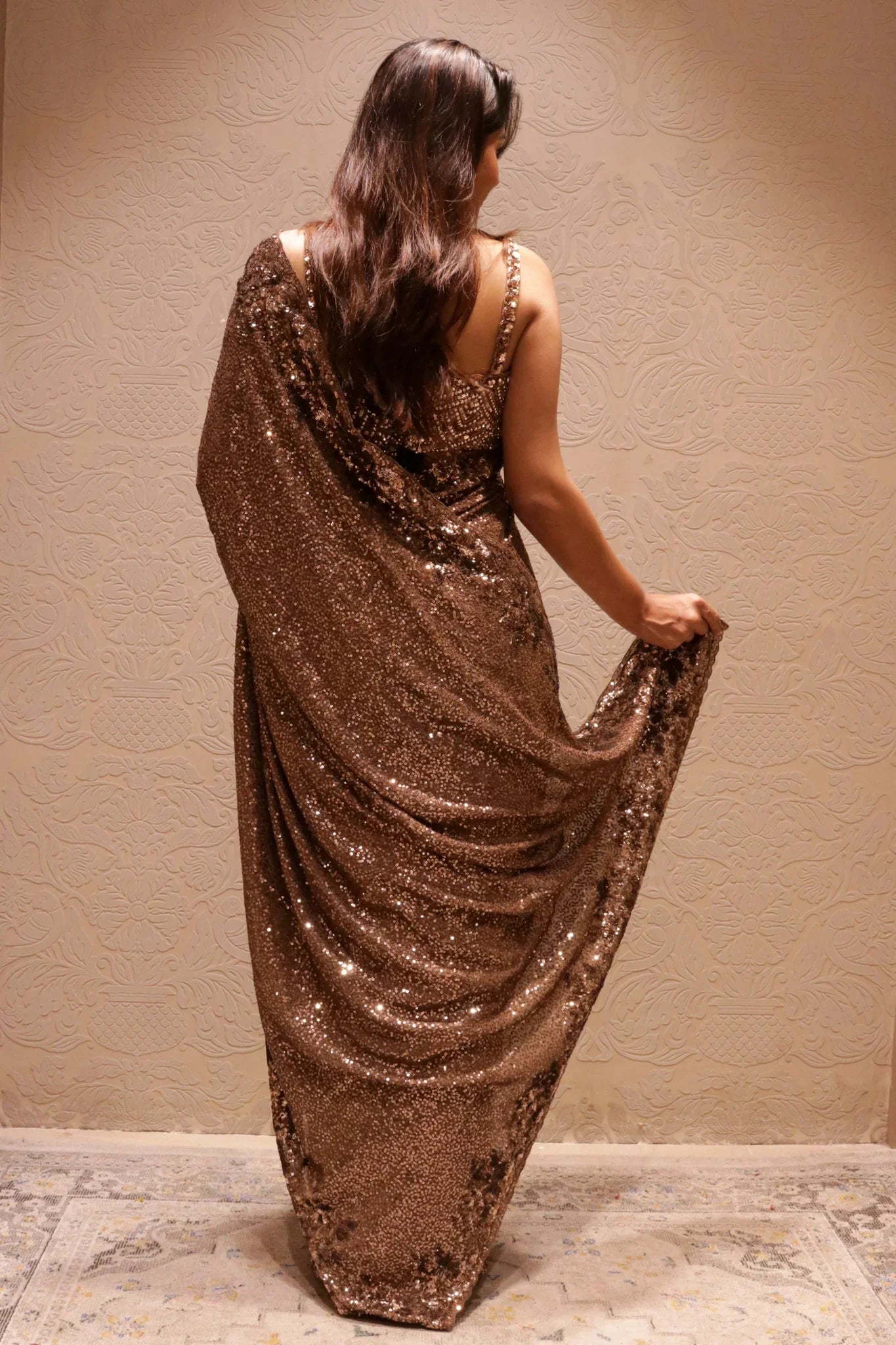 Brown Georgette Sequins Saree with All-Over Self Sequins Work - Mokshaa