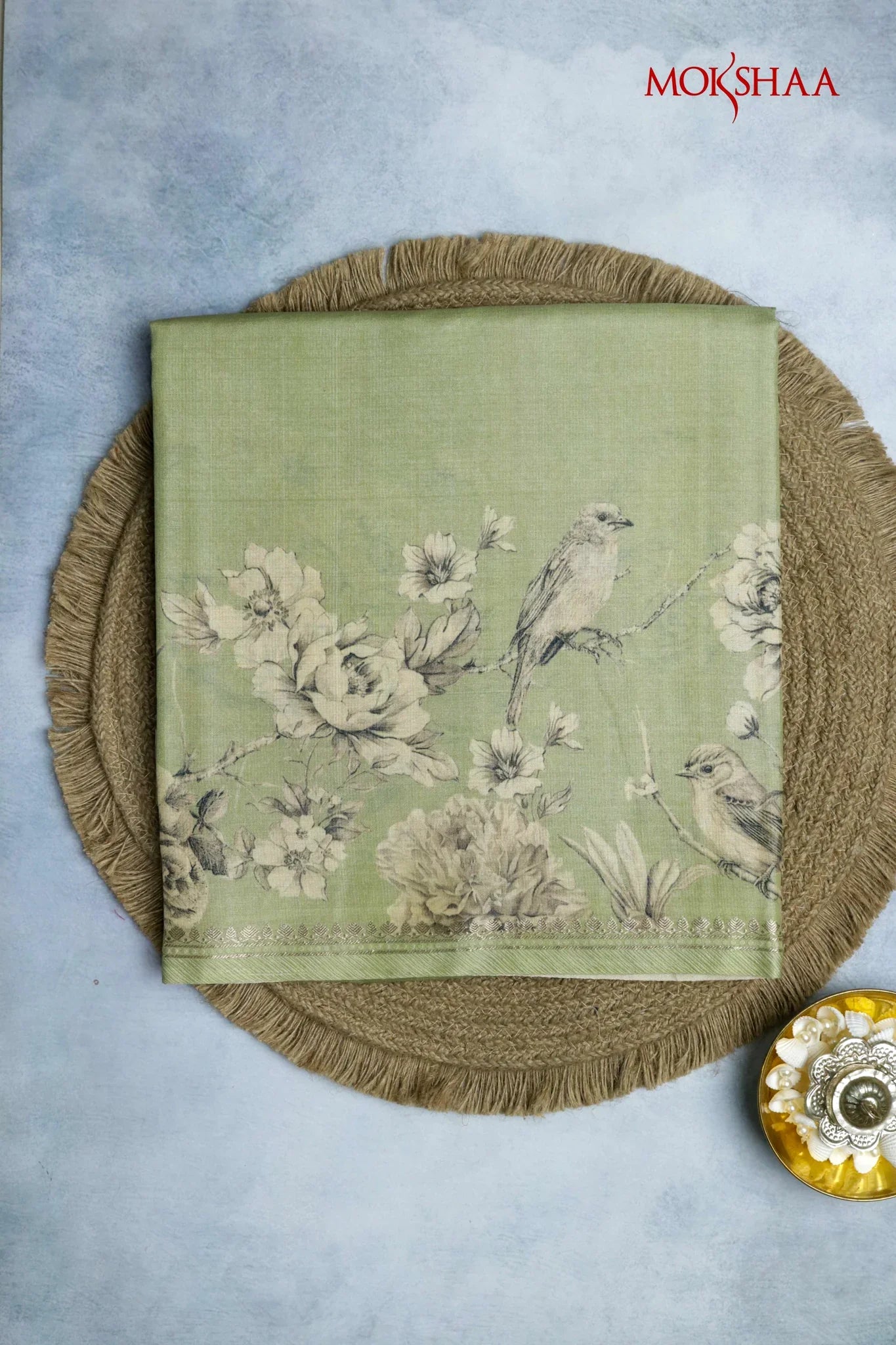 Green Tussar Silk Saree with Bird & Floral Print Border | Mokshaa