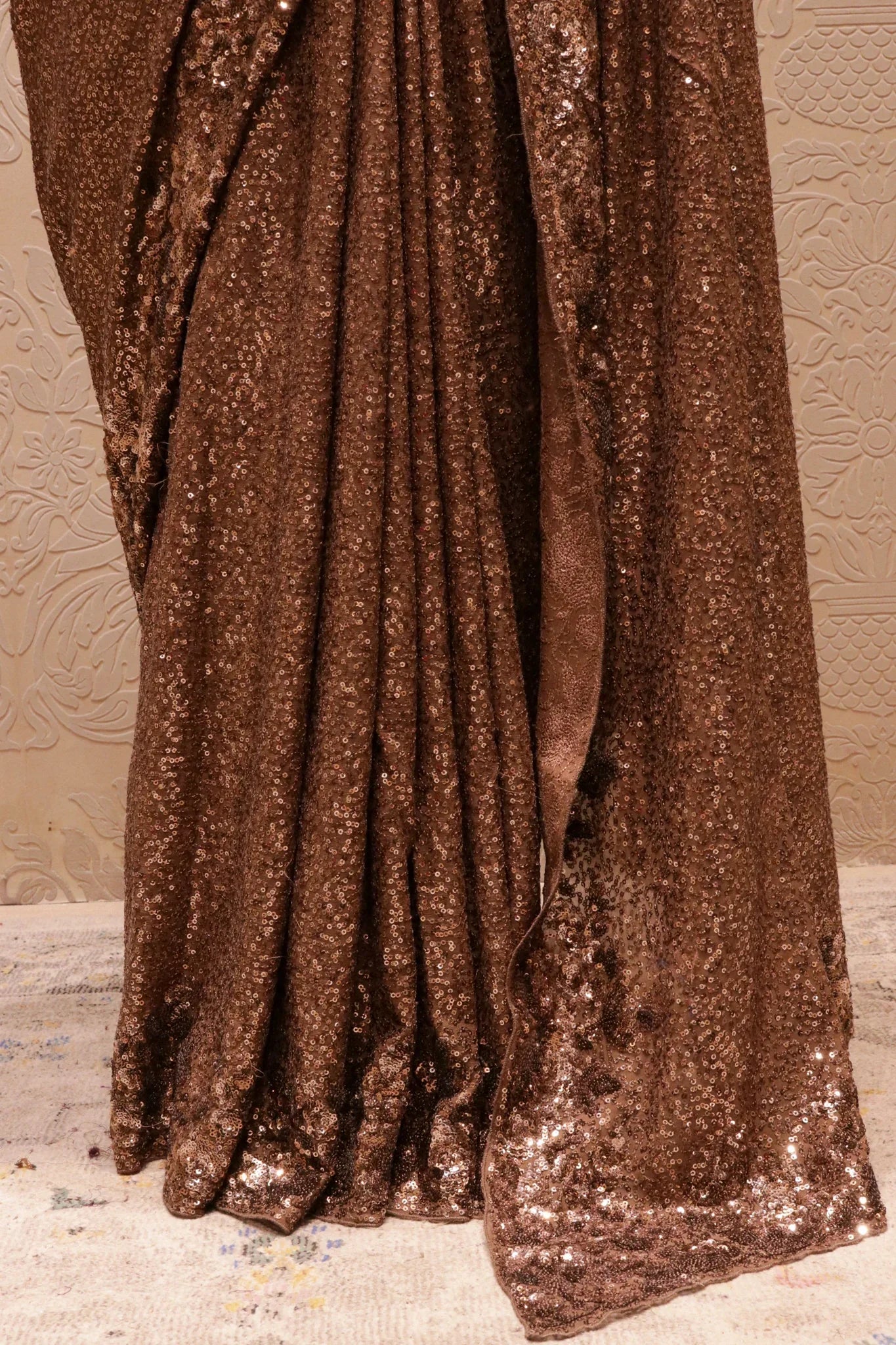 Brown Georgette Sequins Saree with All-Over Self Sequins Work - Mokshaa