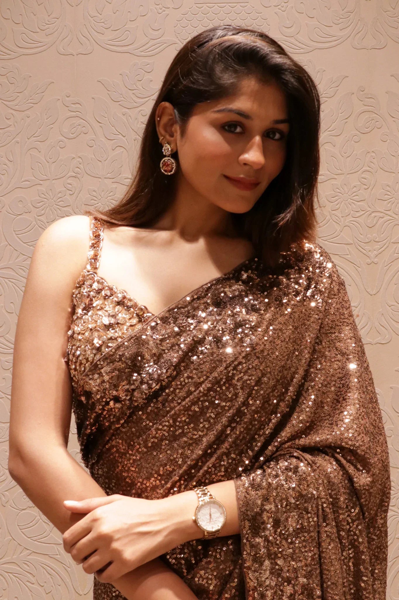 Brown Georgette Sequins Saree with All-Over Self Sequins Work - Mokshaa