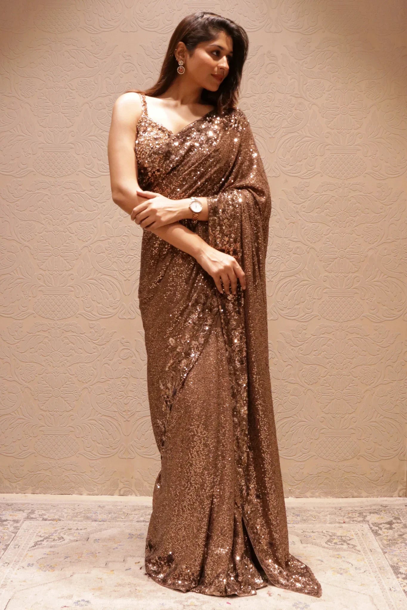 Brown Georgette Sequins Saree with All-Over Self Sequins Work - Mokshaa