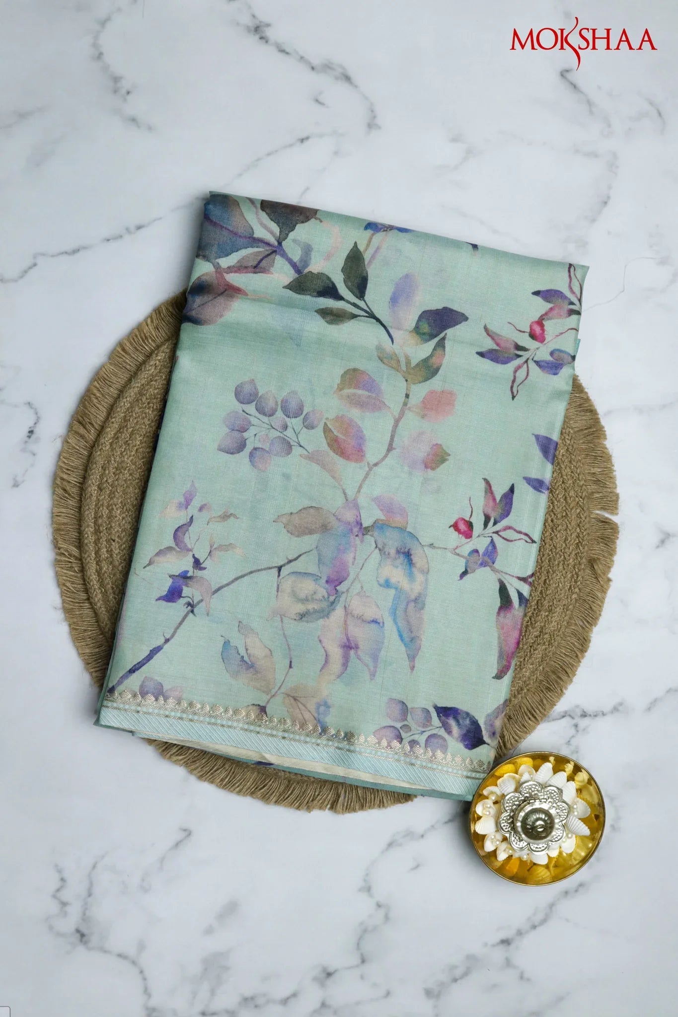 Sky Blue Tussar Silk Saree with All-Over Floral Print and Woven Border | Mokshaa