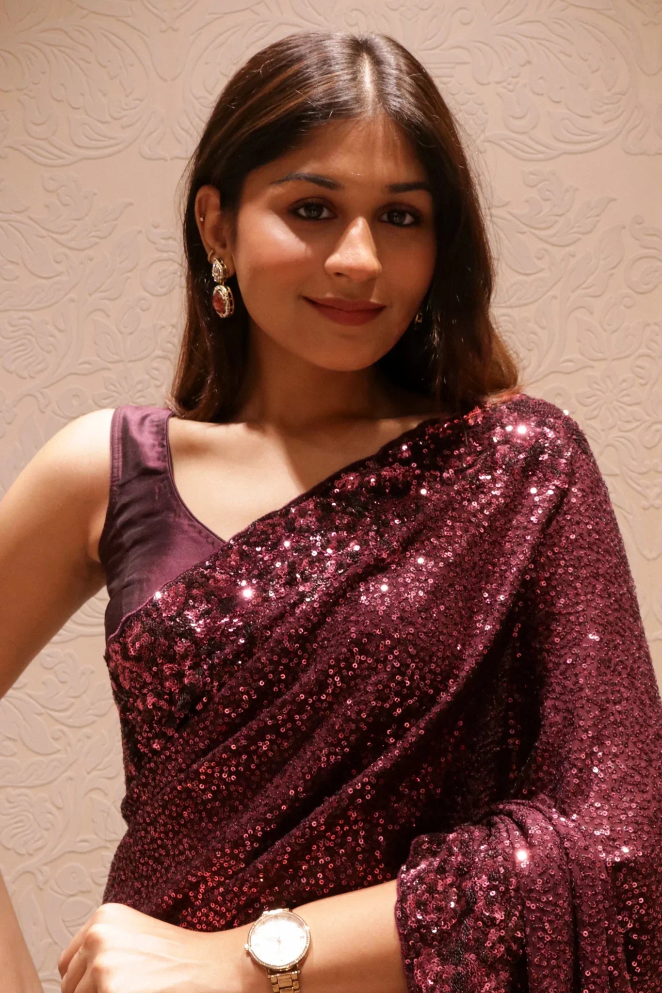 Wine Georgette Saree with All-Over Self Sequins Work - Mokshaa