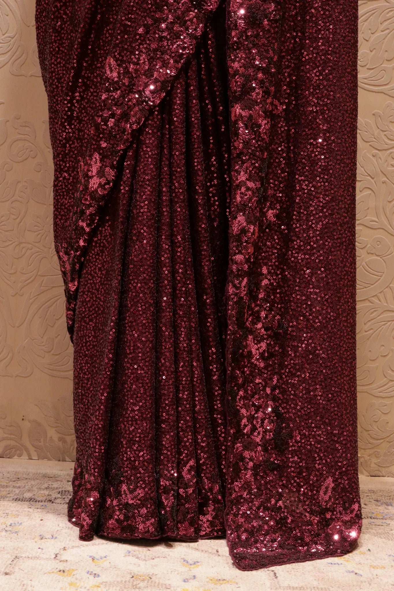 Wine Georgette Saree with All-Over Self Sequins Work - Mokshaa