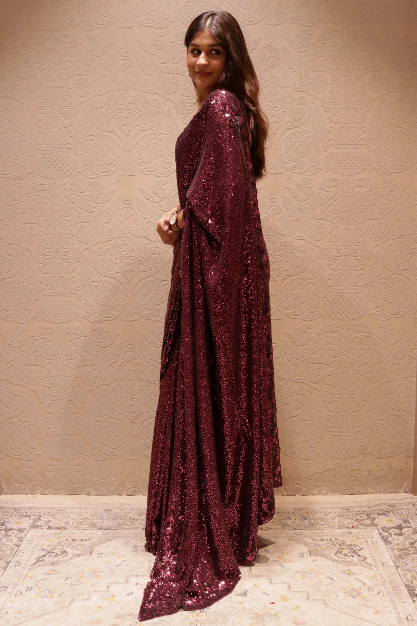Wine Georgette Saree with All-Over Self Sequins Work - Mokshaa