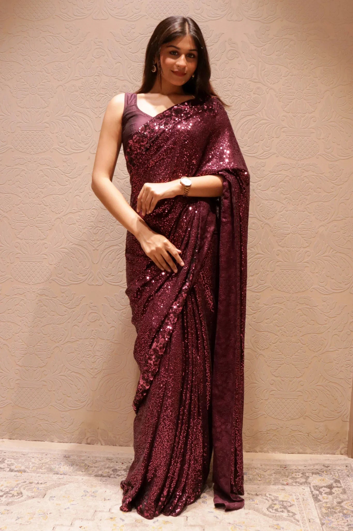 Wine Georgette Saree with All-Over Self Sequins Work | Mokshaa