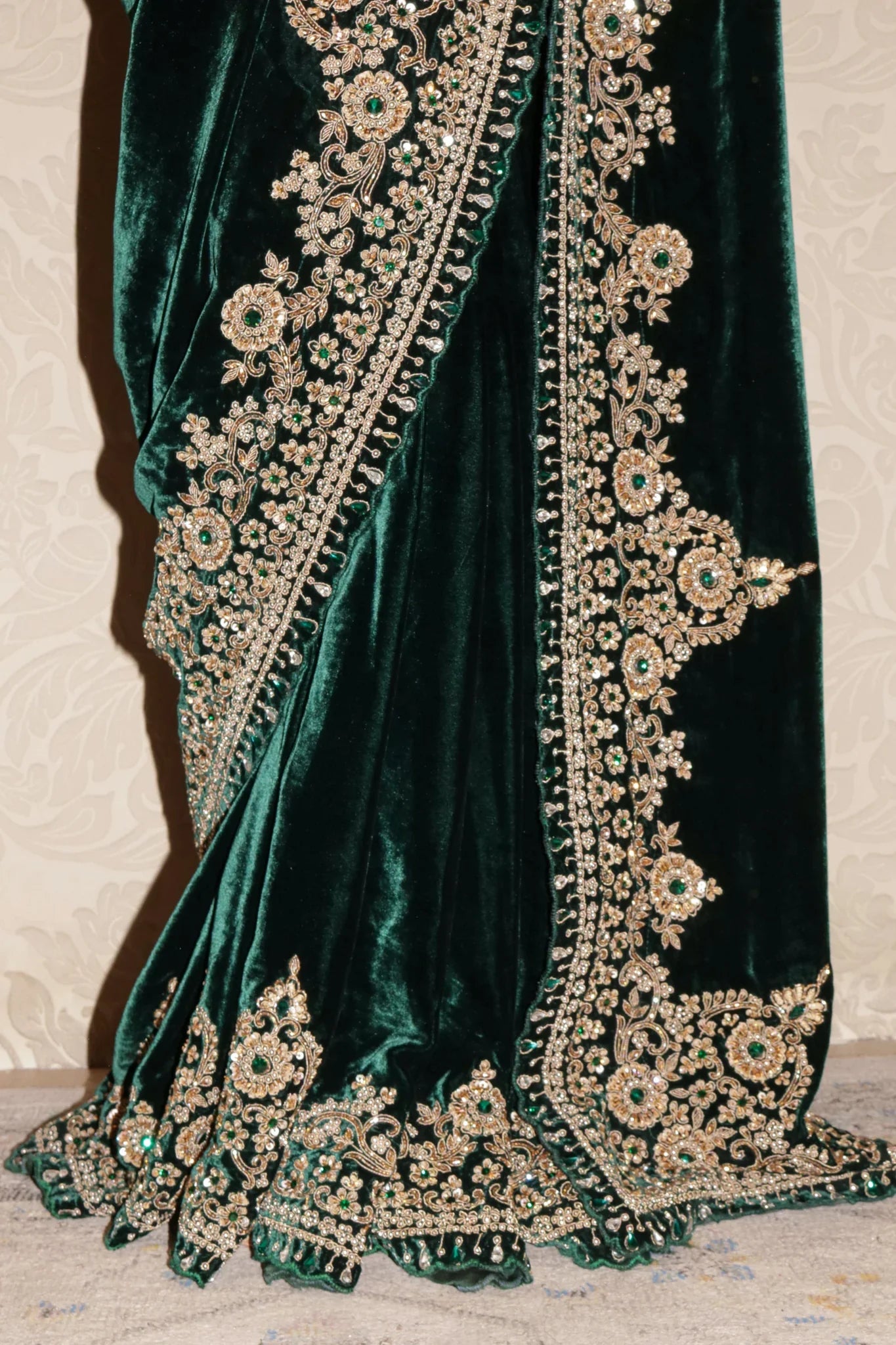 Bottle Green Velvet Saree with Zardozi, Beads & Kundan Work - Mokshaa