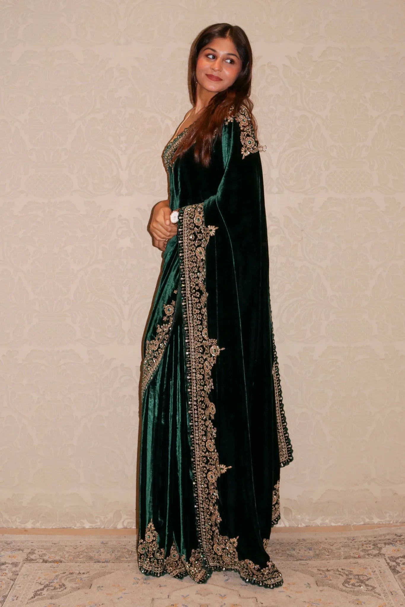 Bottle Green Velvet Saree with Zardozi, Beads & Kundan Work - Mokshaa