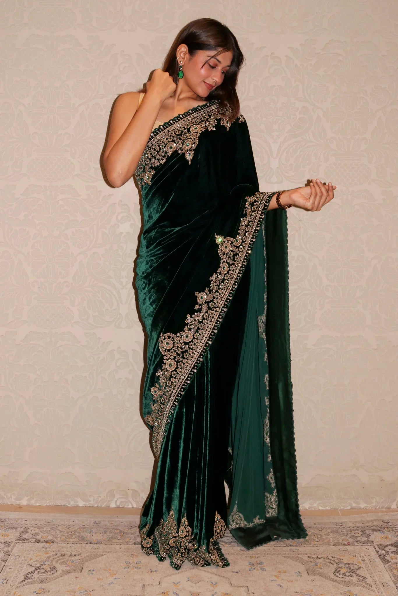 Bottle Green Velvet Saree with Zardozi, Beads & Kundan Work | Mokshaa