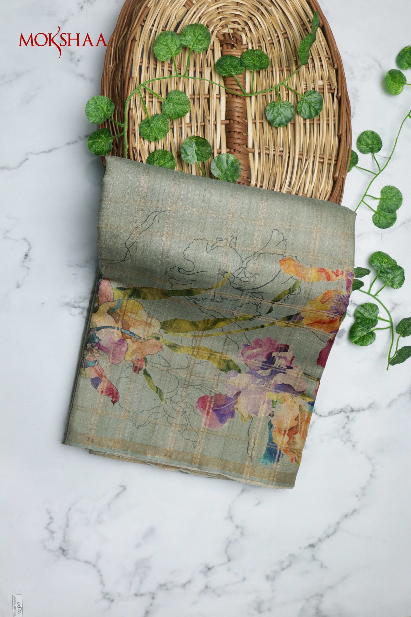 Sage Green Tussar Silk Saree with Zari Checks & Floral Print Border