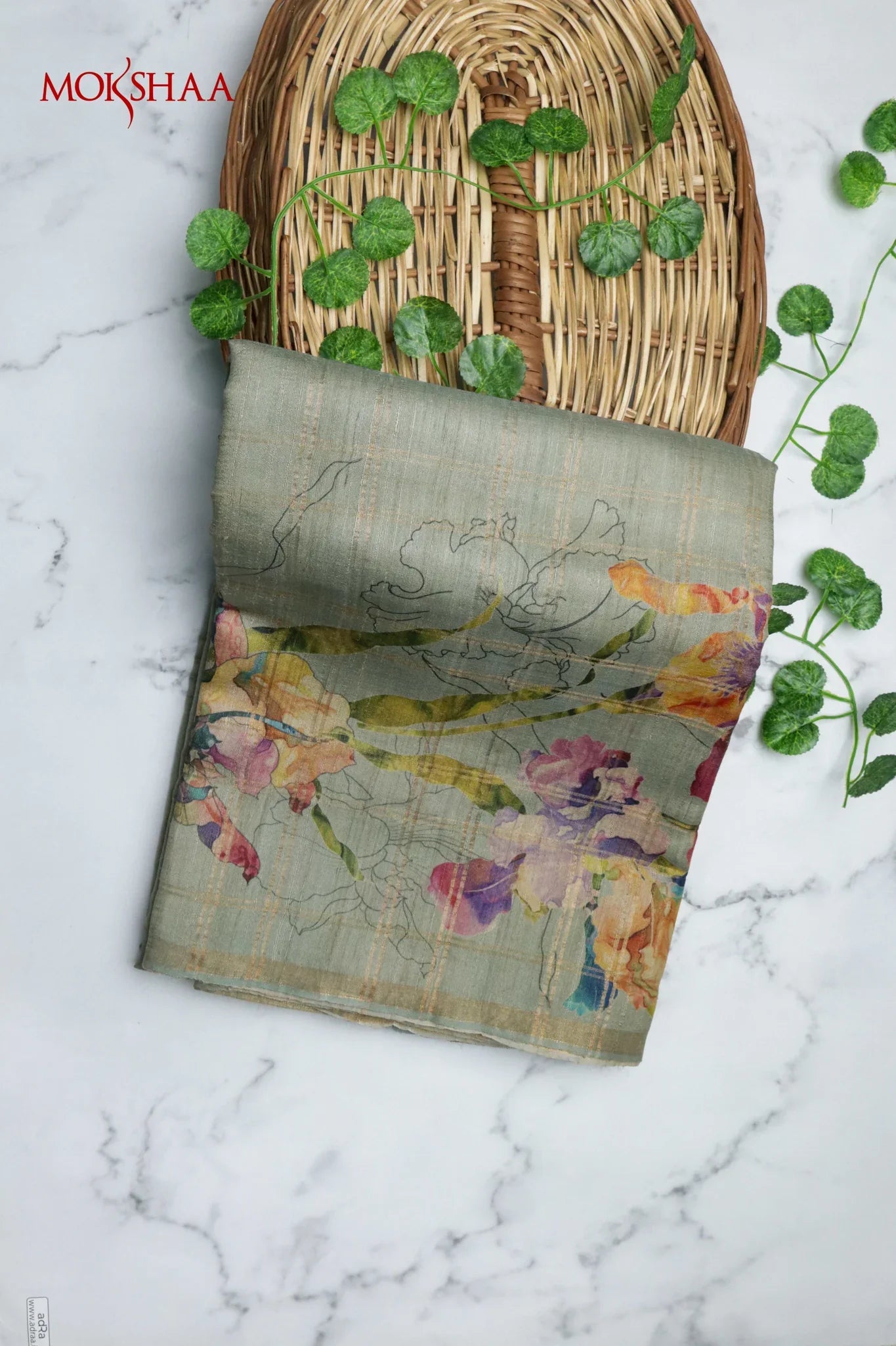 Sage Green Tussar Silk Saree with Zari Checks & Floral Print Border | Mokshaa