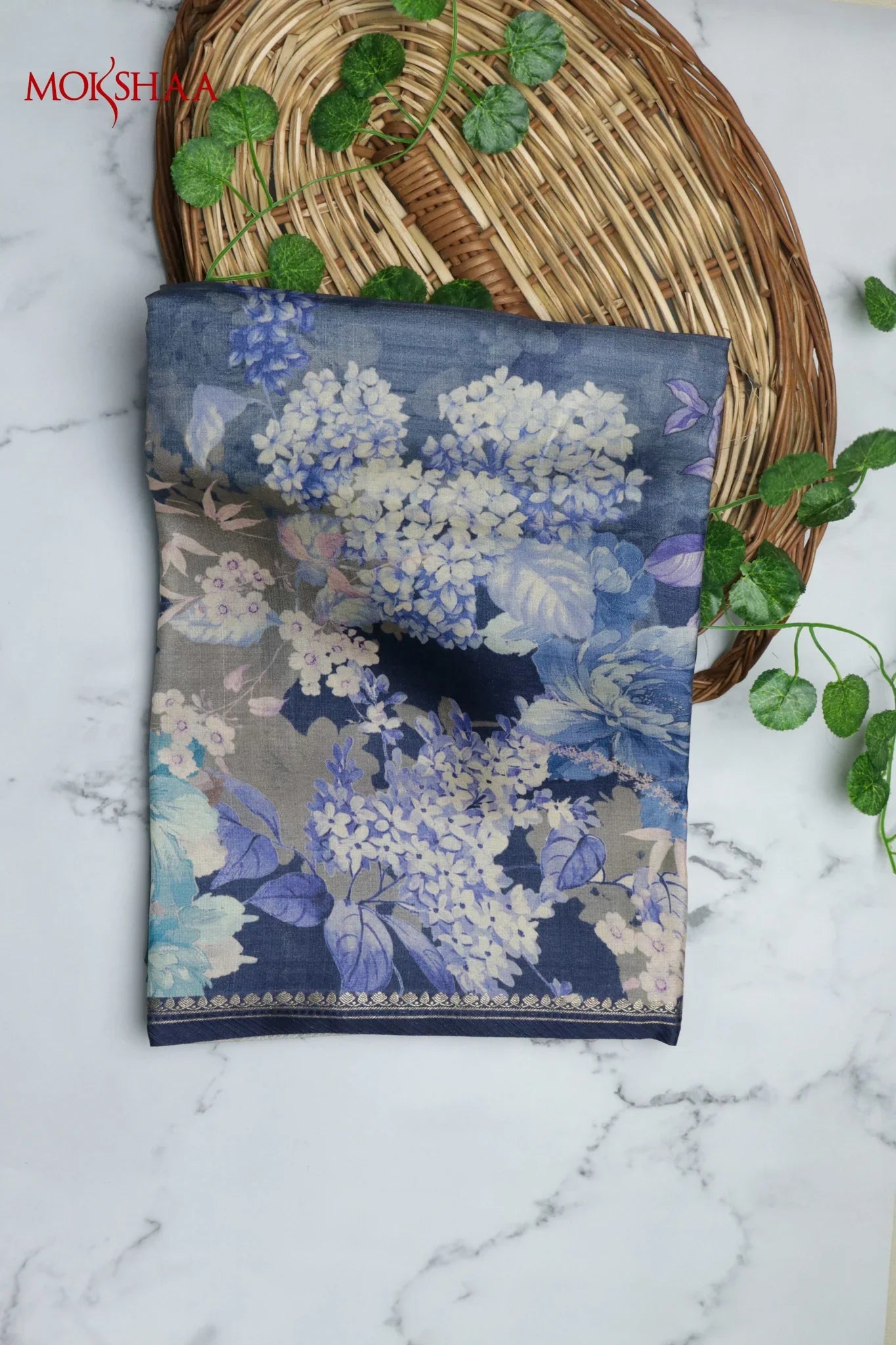 Grey Tussar Silk Saree with All-Over Floral Print | Mokshaa