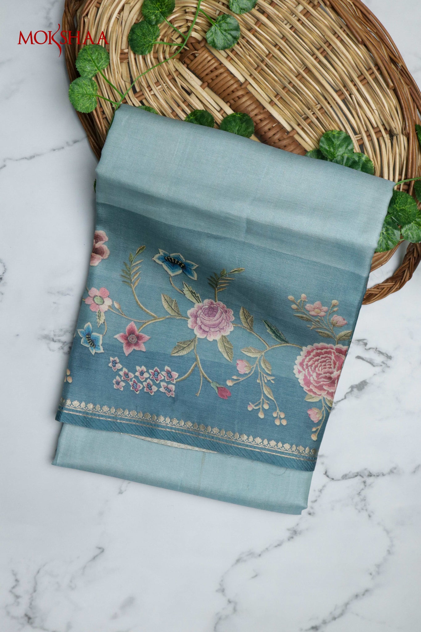Pastel Blue Tussar Silk Saree with Floral Print & Zari Border