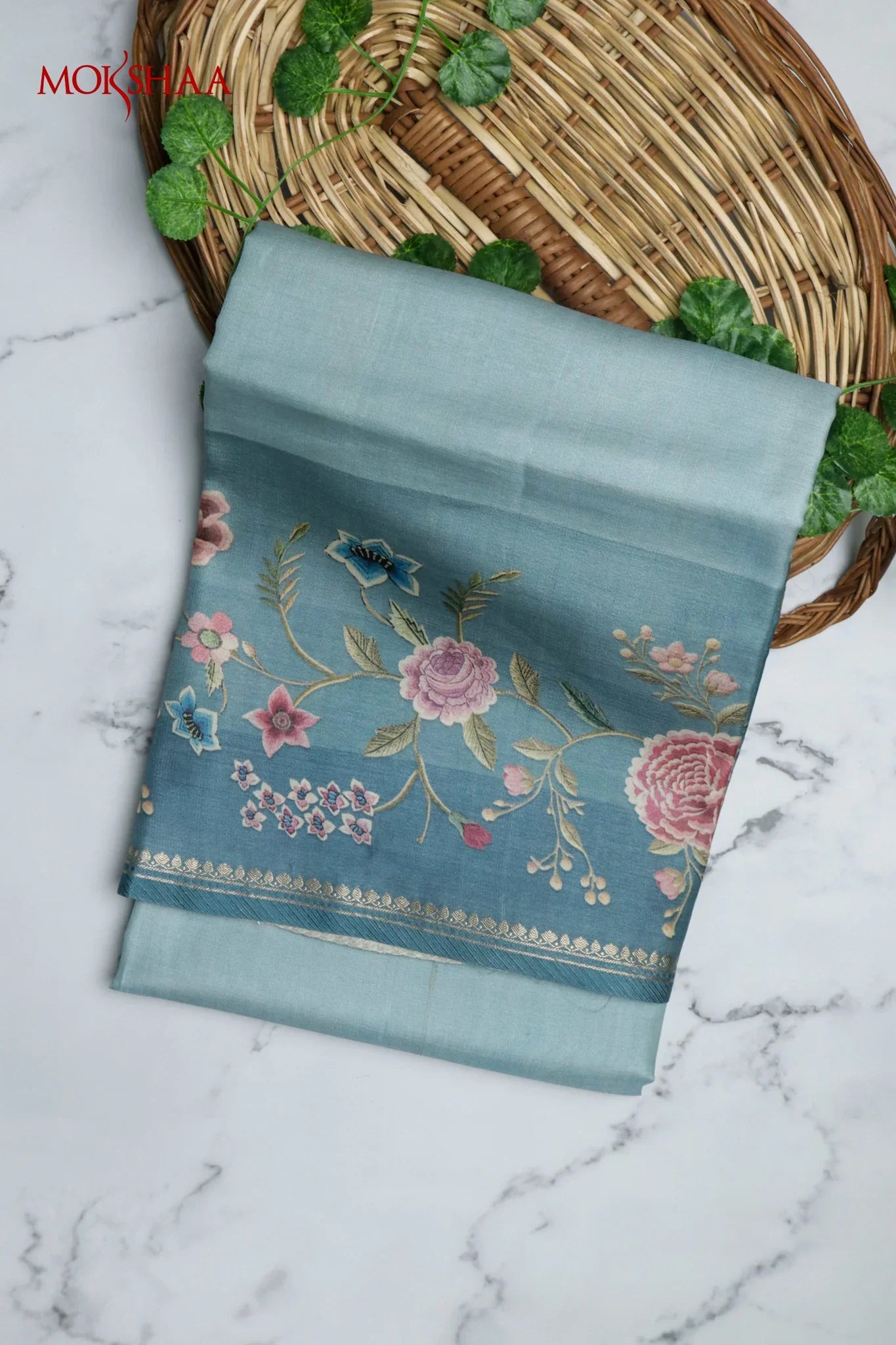 Pastel Blue Tussar Silk Saree with Floral Print & Zari Border | Mokshaa