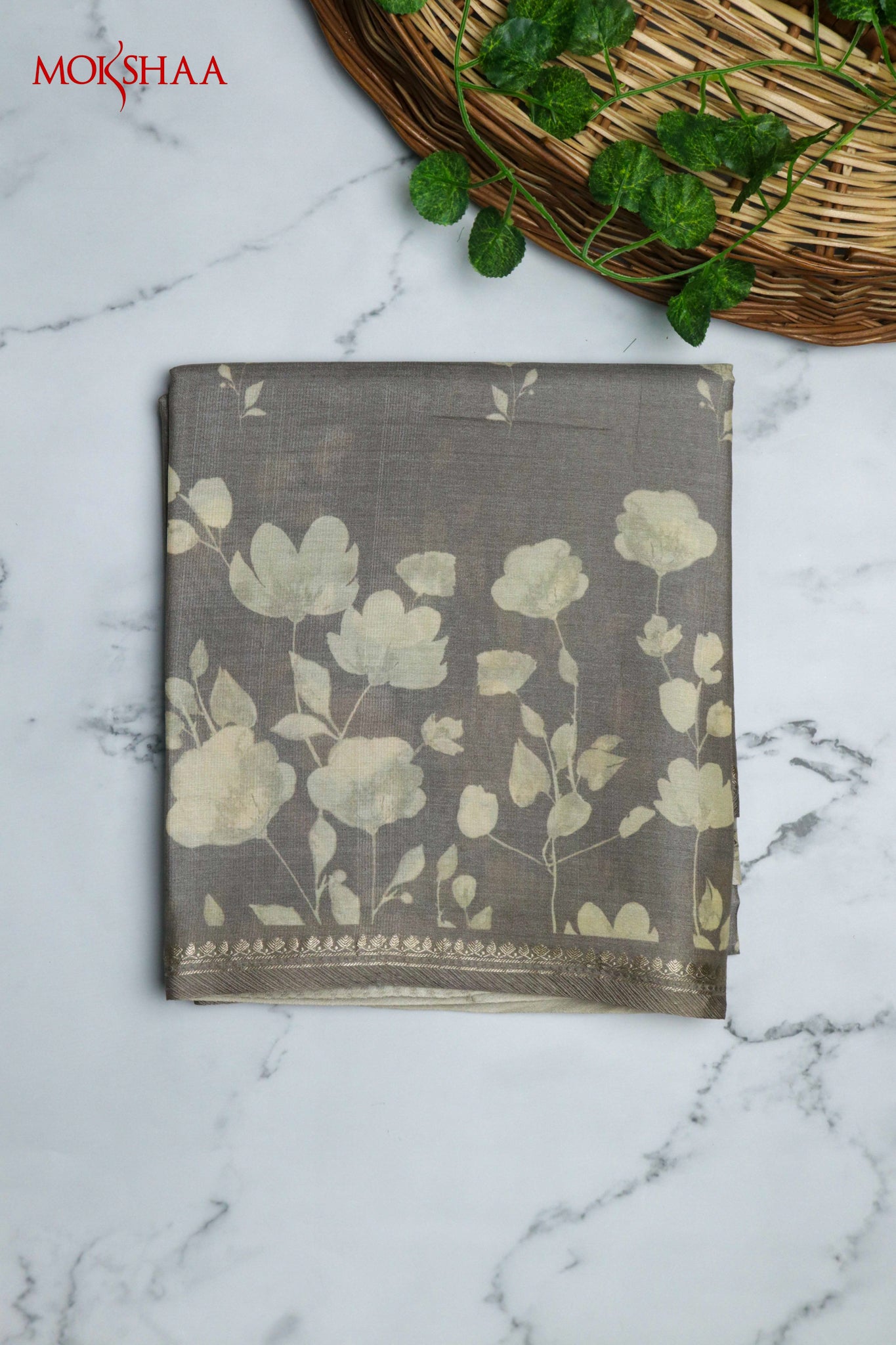 Dust Grey Tussar Silk Saree with All-Over Floral Print and Woven Border