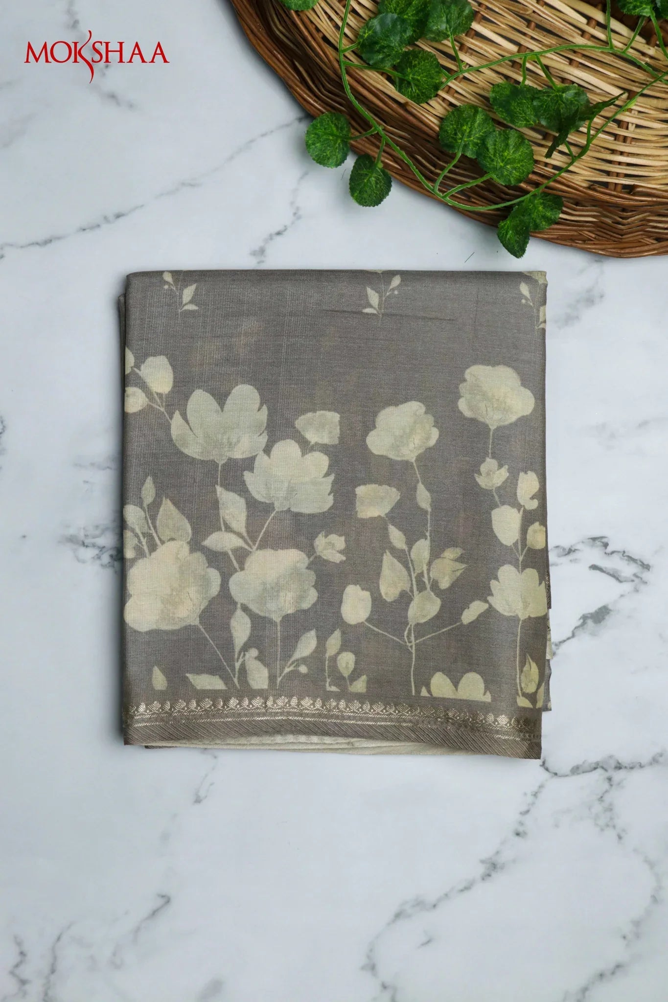 Dust Grey Tussar Silk Saree with All-Over Floral Print and Woven Border | Mokshaa