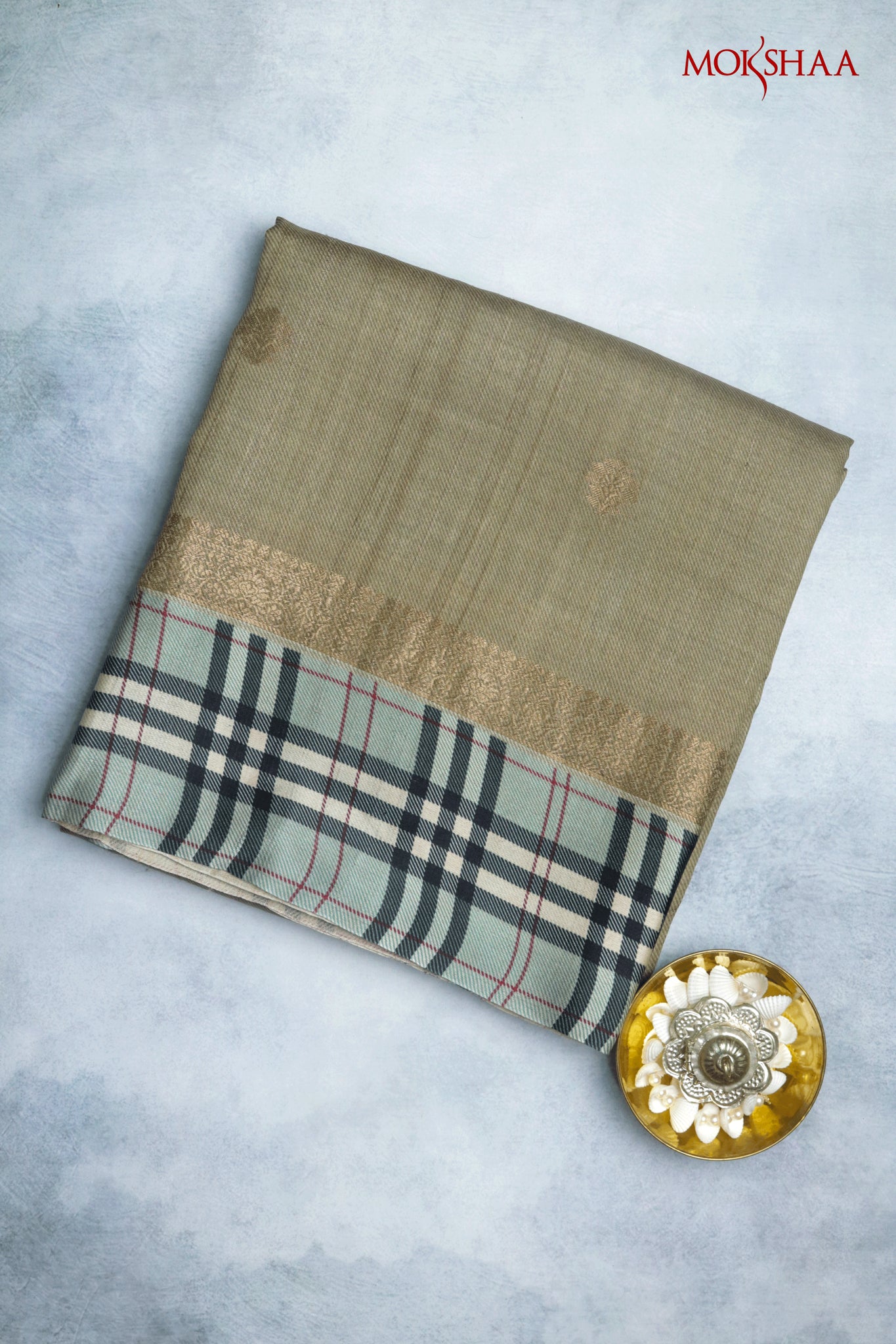 Chikku Tussar Silk Saree with Zari Motifs & Checked Border