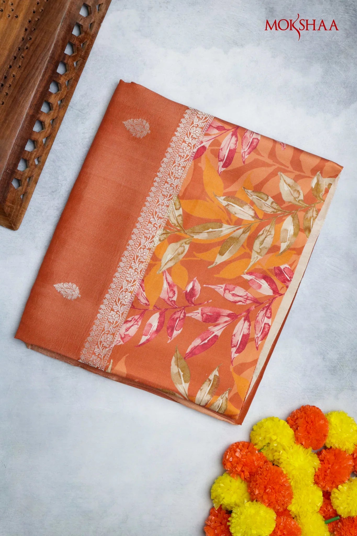 Orange Tussar Silk Saree with Silver Zari Motifs & Printed Border | Mokshaa