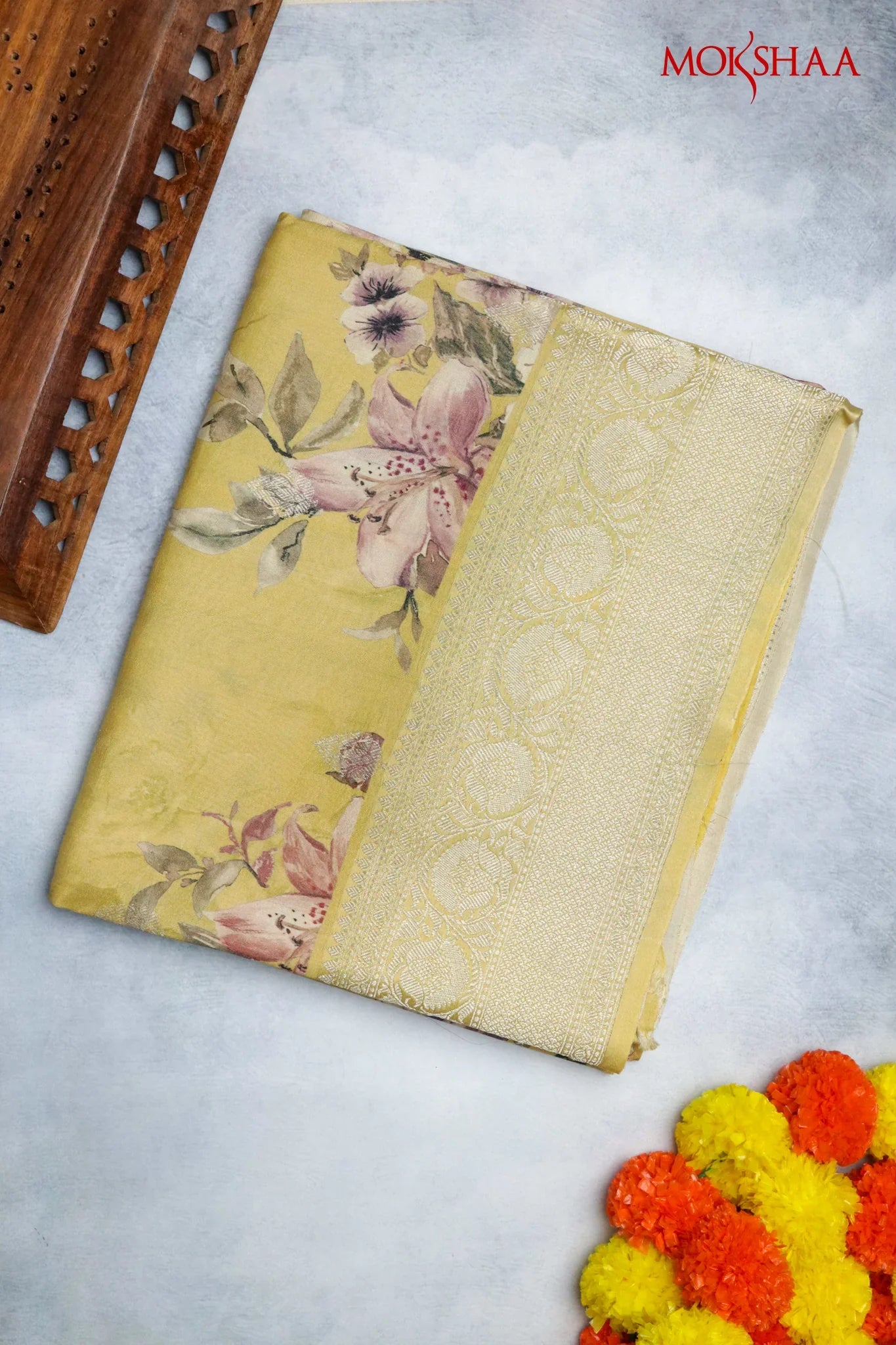 Tussar Silk Saree in Mustard Yellow with Floral Print & Zari Border | Mokshaa