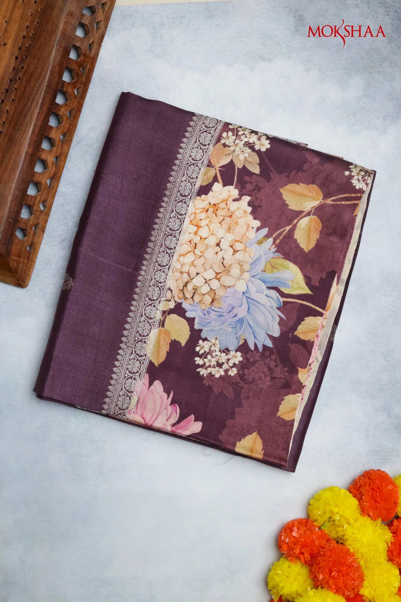 Wine Tussar Silk Saree with Silver Zari Motifs & Printed Border | Mokshaa