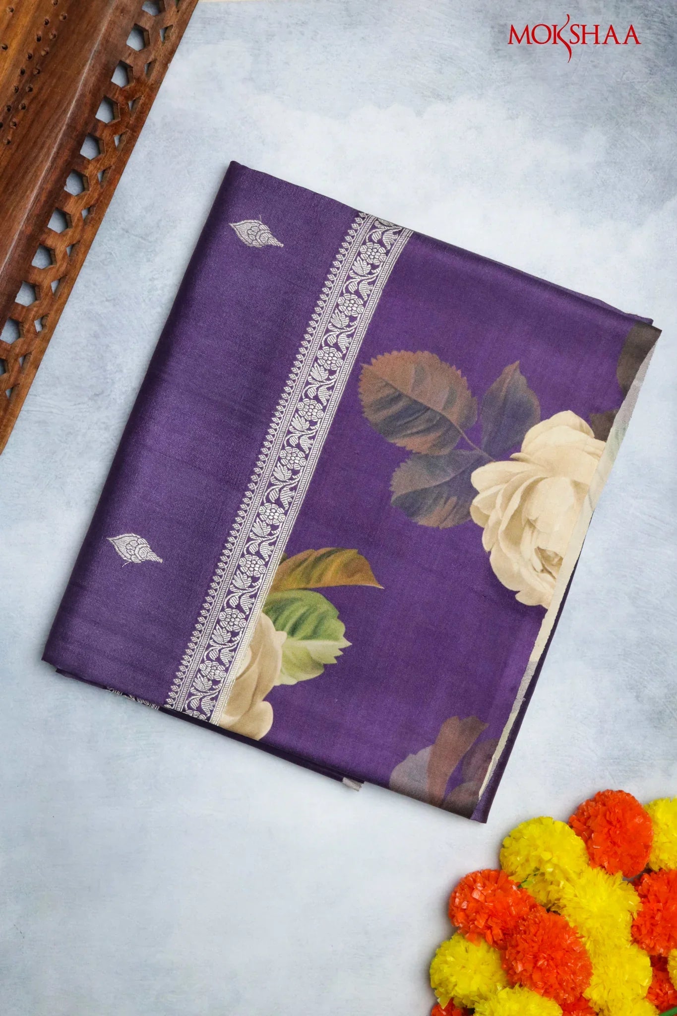 Purple Tussar Silk Saree with Silver Zari Motifs & Printed Border | Mokshaa
