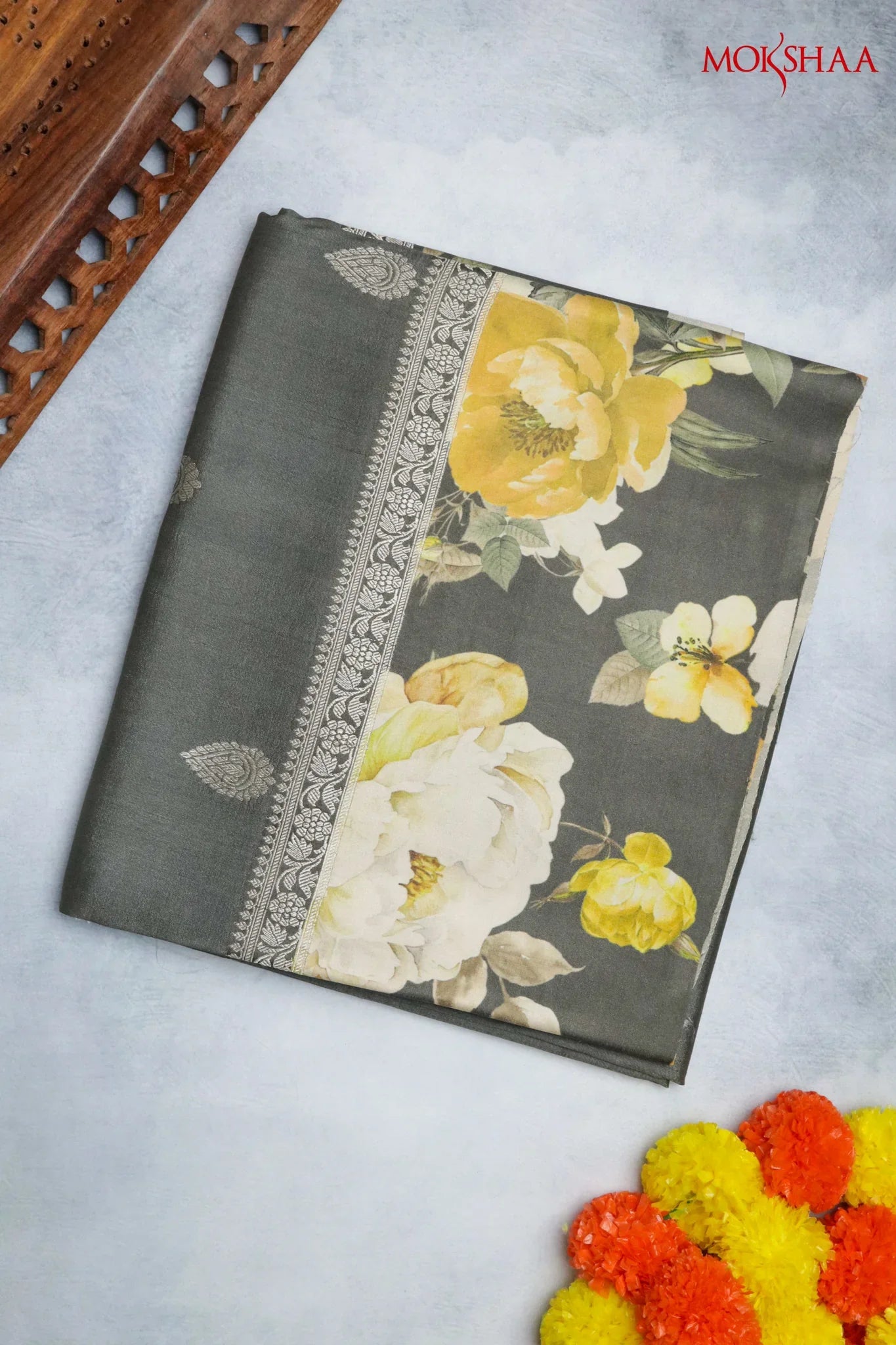 Grey Tussar Silk Saree with Silver Zari Motifs & Floral Print | Mokshaa