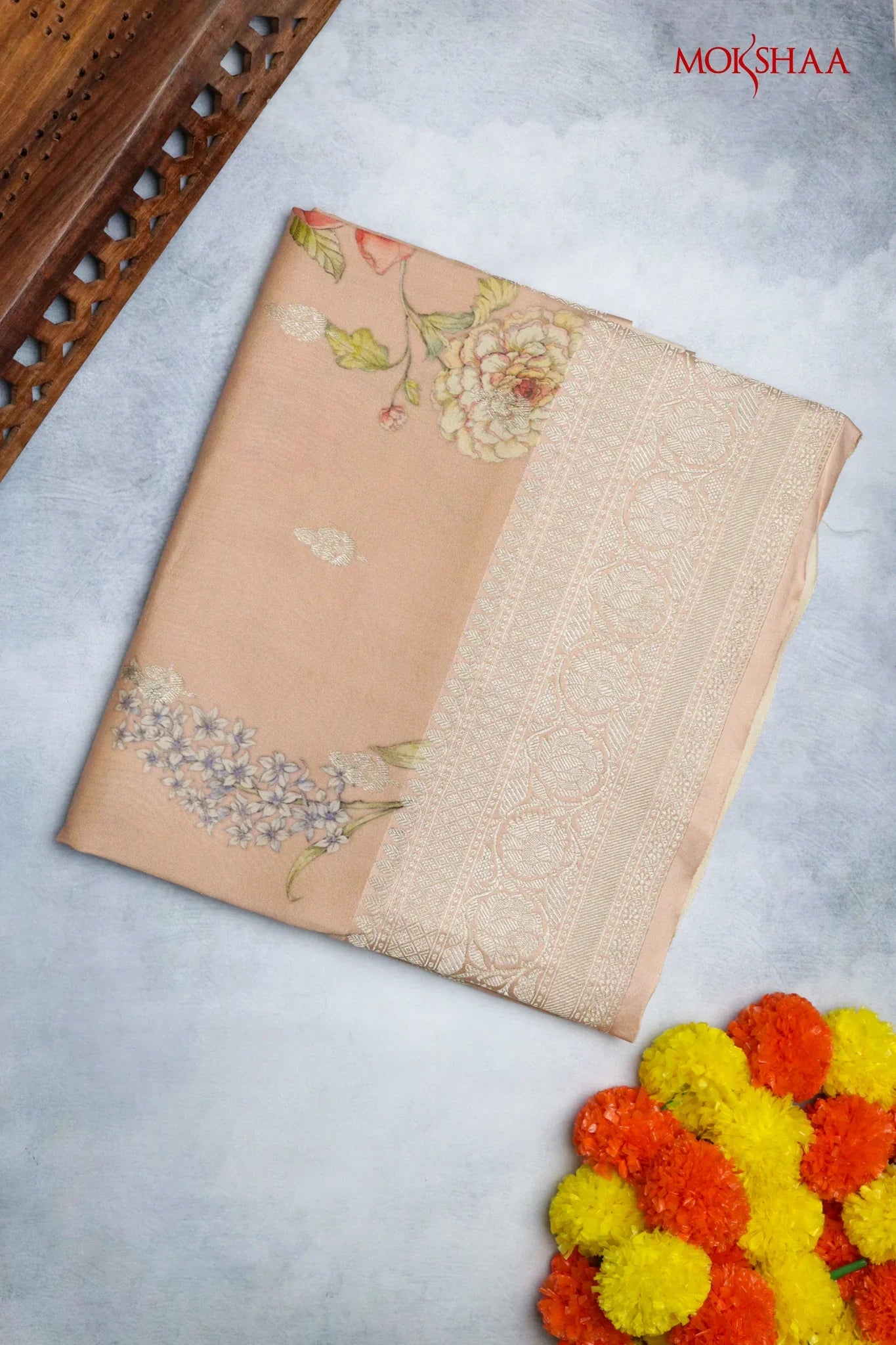 Tussar Silk Saree in Peach with Floral Print & Zari Border | Mokshaa