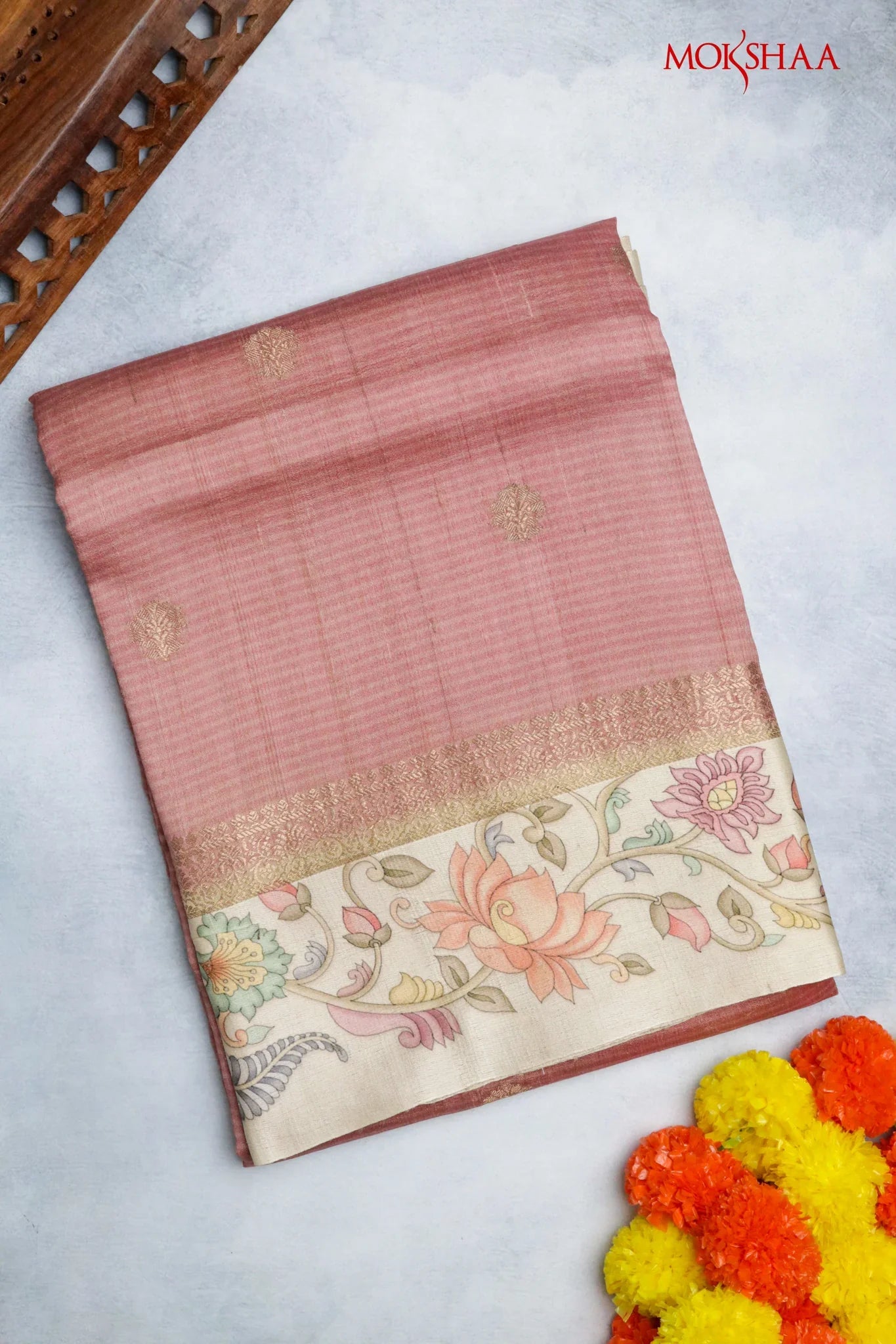 Banaras Tussar Silk Saree in Peach with Zari Motifs & Kalamkari Border | Mokshaa