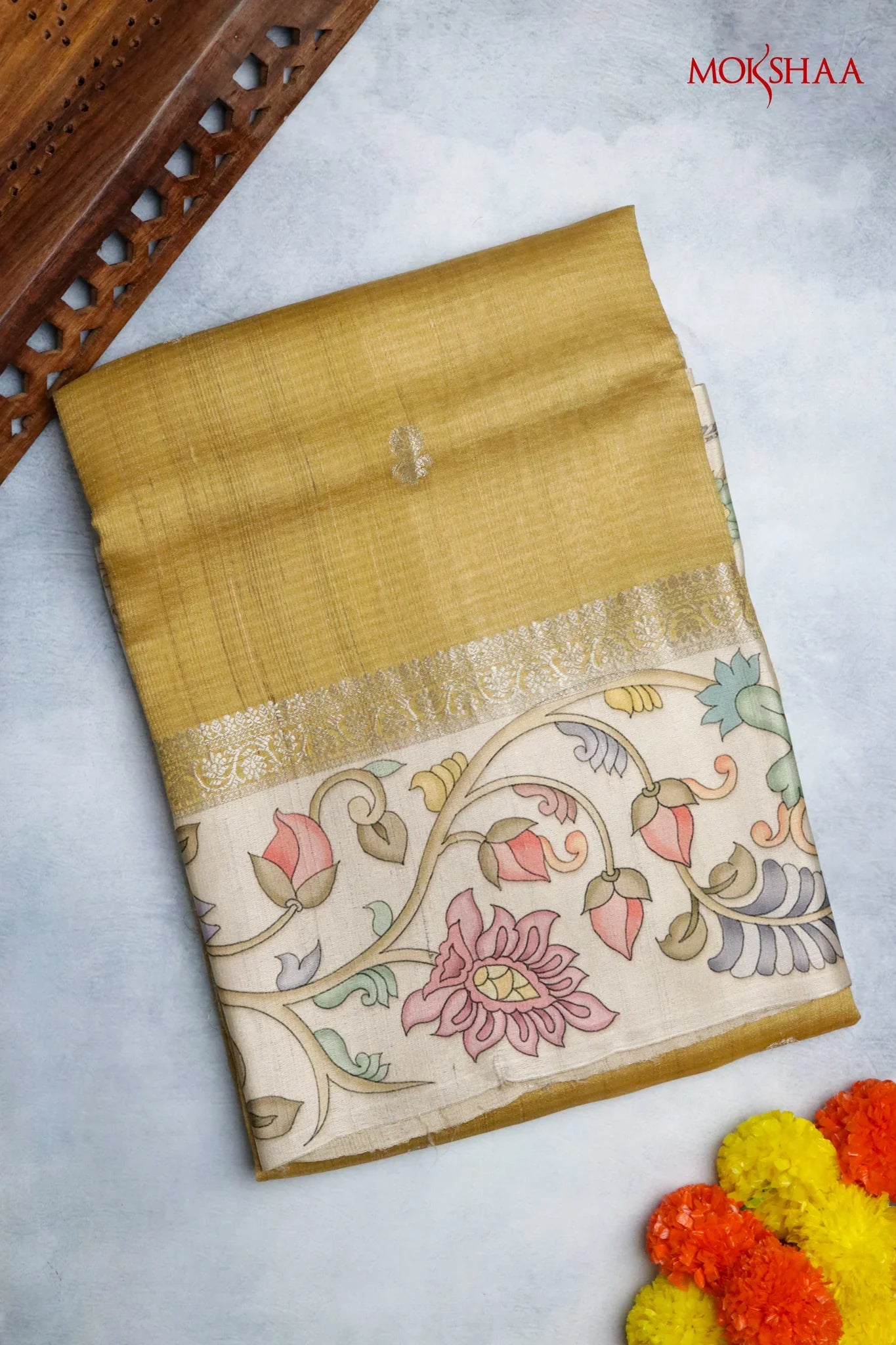 Banaras Tussar Silk Saree in Golden with Zari Motifs & Kalamkari Border | Mokshaa