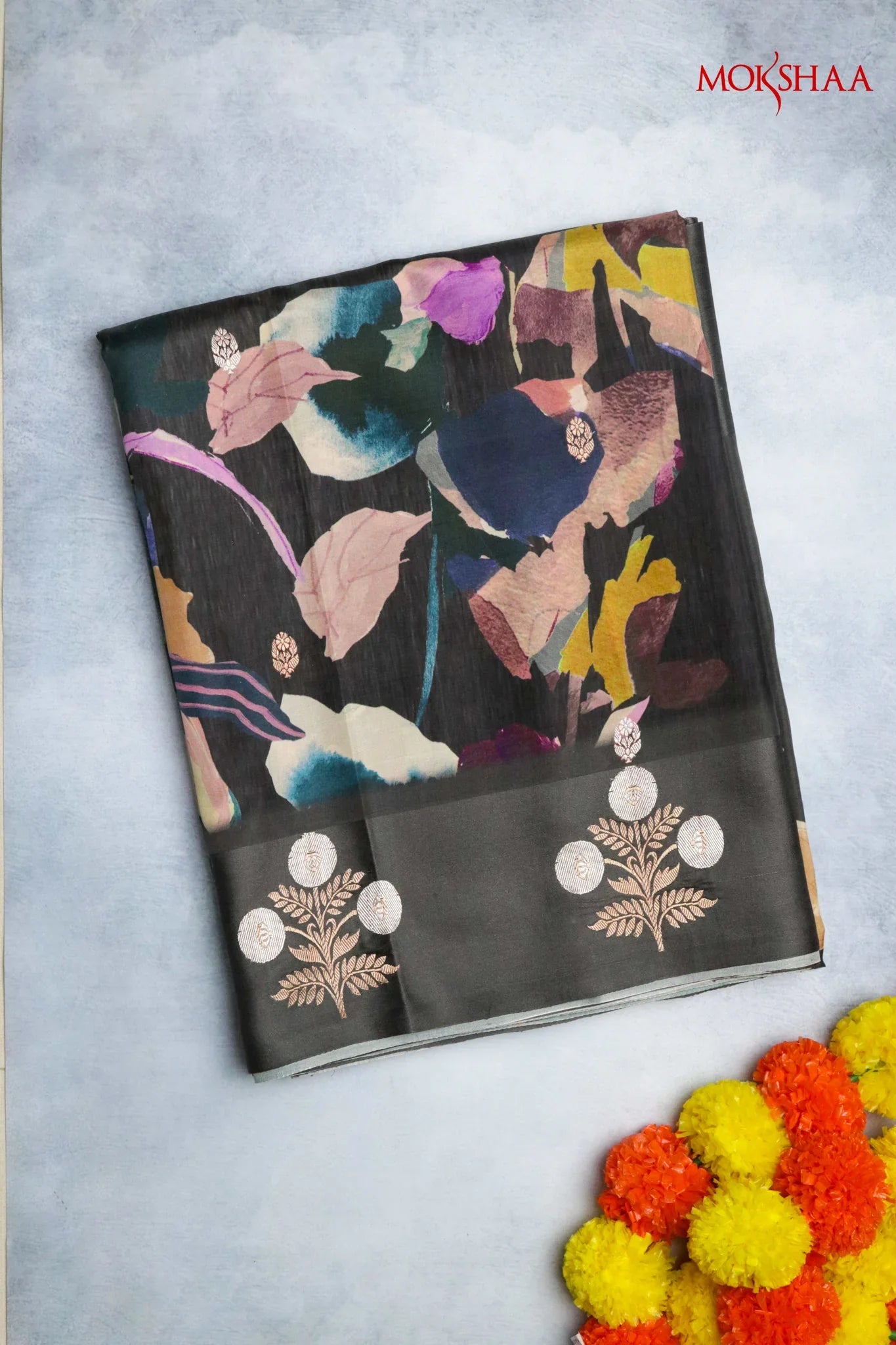 Dark Brown Silk Saree with Floral Print & Zari Border | Mokshaa