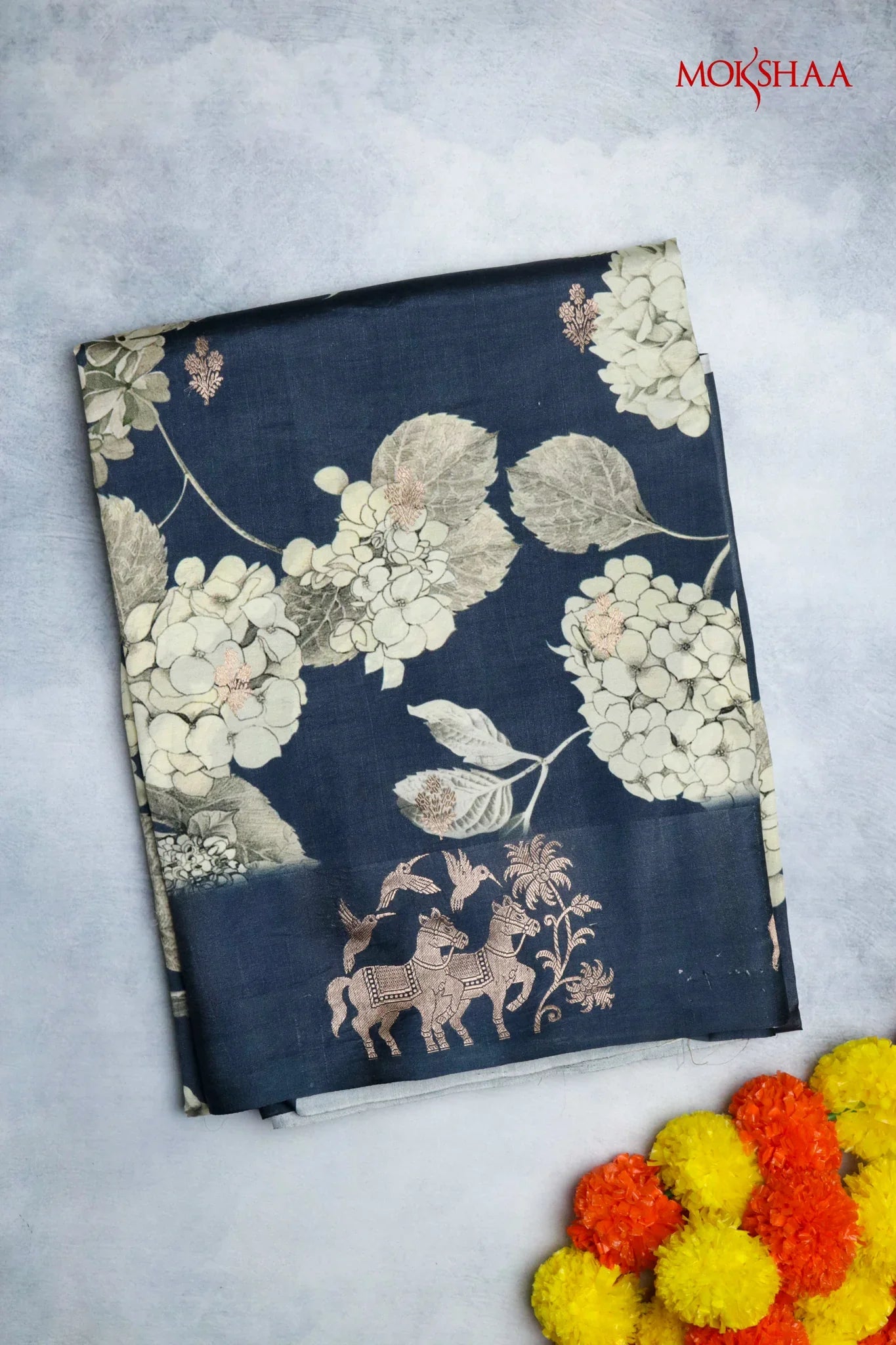 Dark Grey Silk Saree with Floral Print & Zari Border | Mokshaa