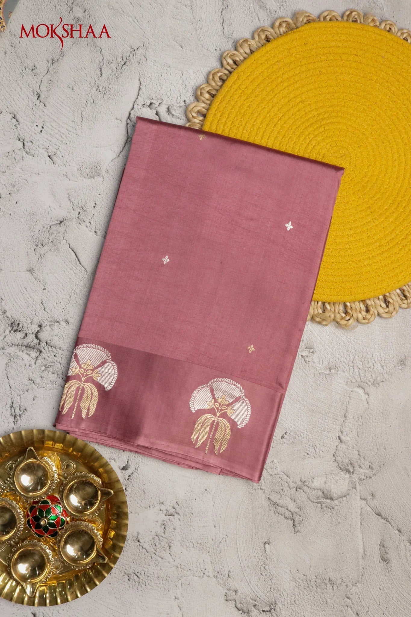 Dusty Pink Banarasi Chanderi Silk Saree with Small Motifs & Brocade Blouse | Mokshaa
