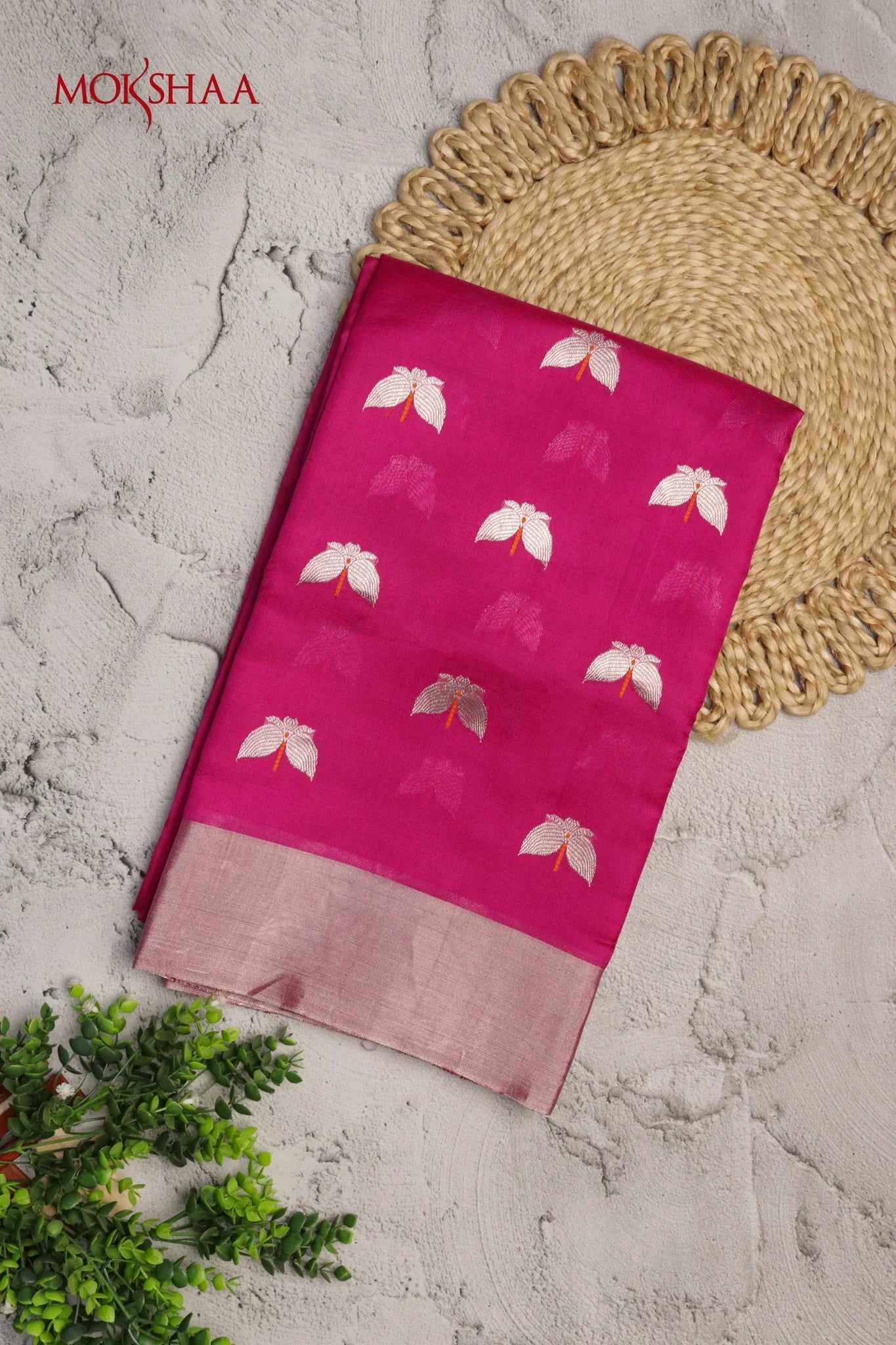 Rani Pink Banarasi Chanderi Silk Saree with Silver Butti and Dual Blouse Options | Mokshaa